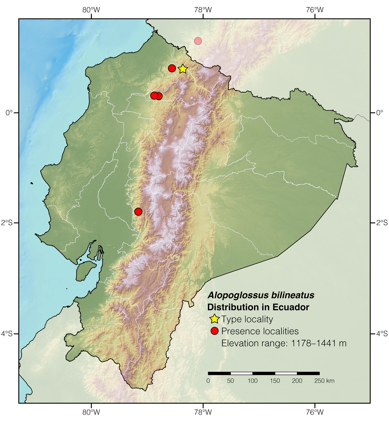 Distribution of Alopoglossus bilineatus in Ecuador