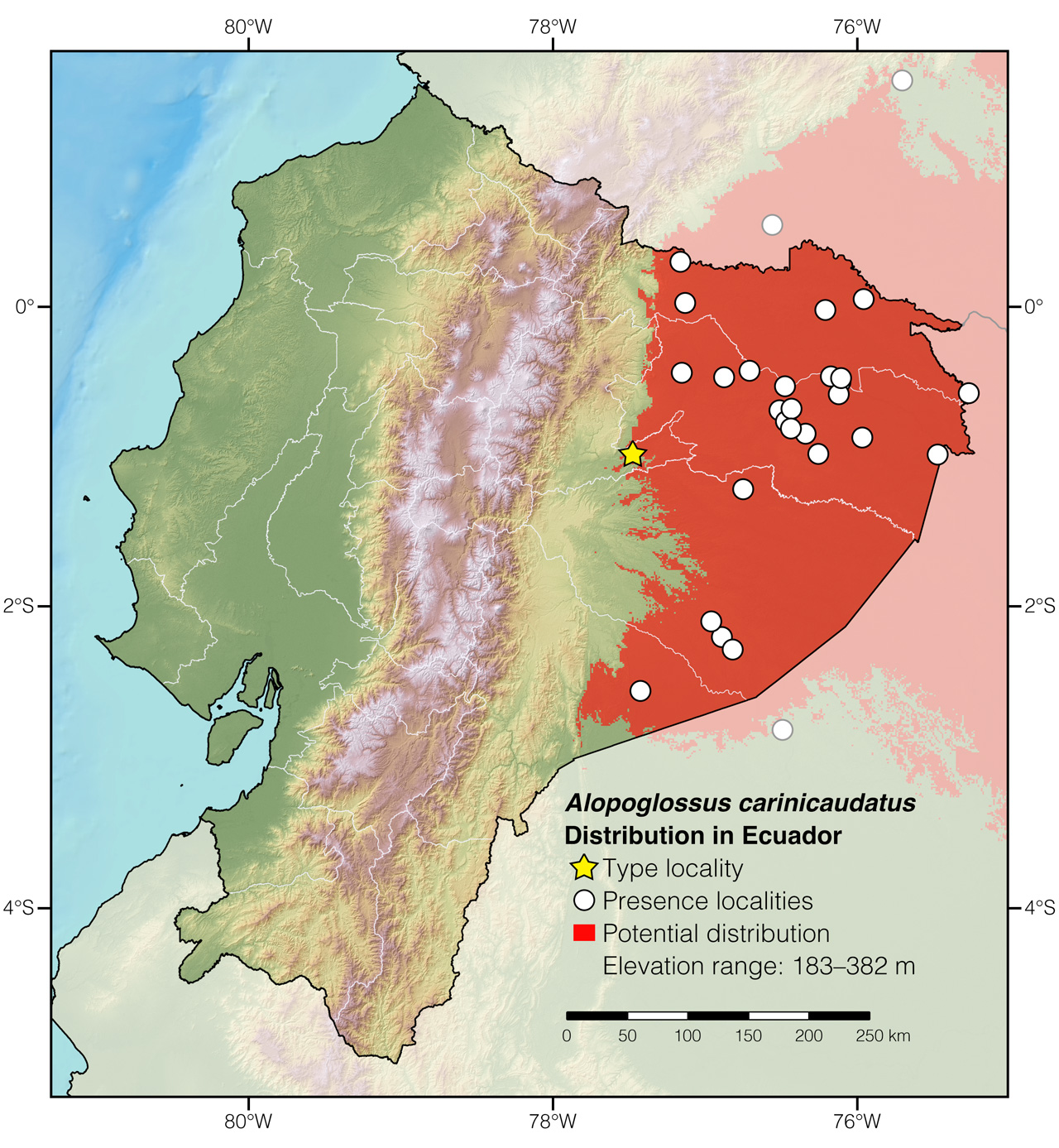Distribution of Alopoglossus carinicaudatus in Ecuador