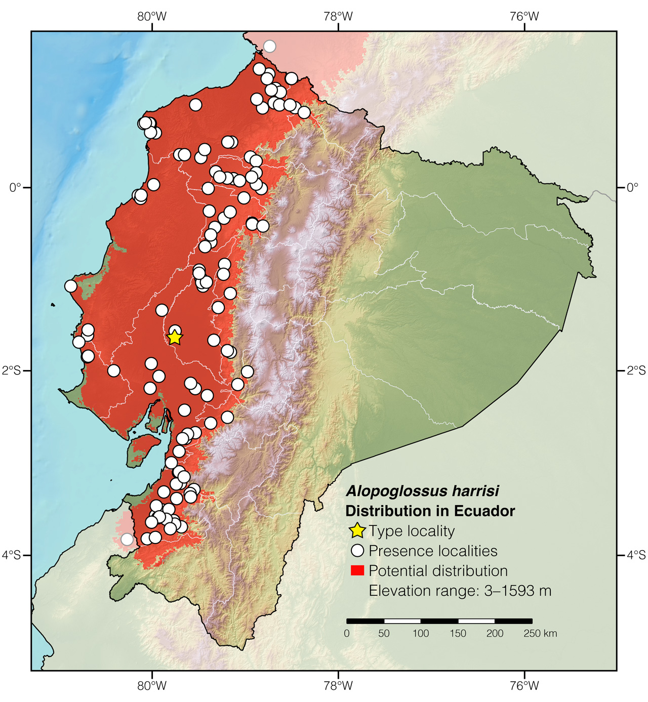 Distribution of Alopoglossus harrisi in Ecuador