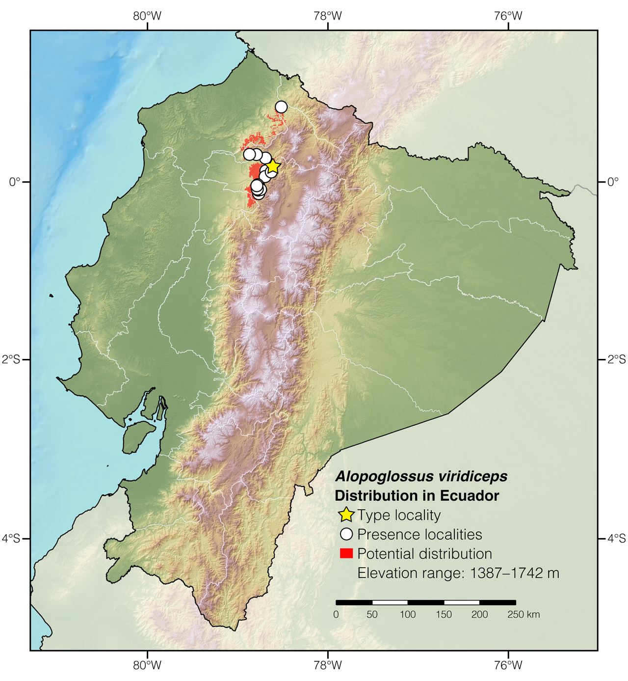 Distribution of Alopoglossus viridiceps in Ecuador