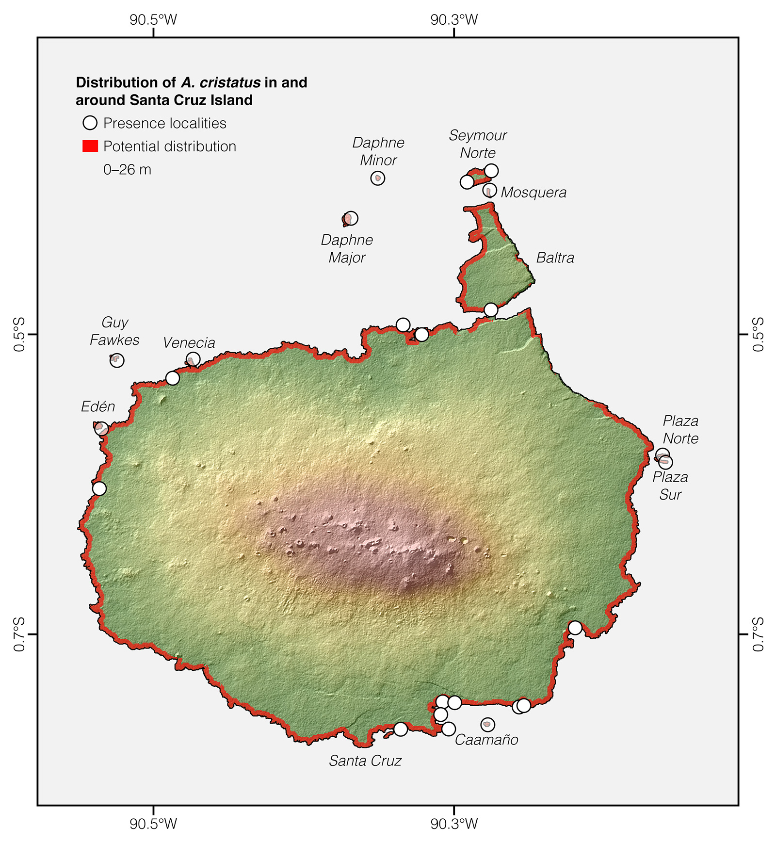 Distribution of Amblyrhynchus cristatus in and around Santa Cruz Island