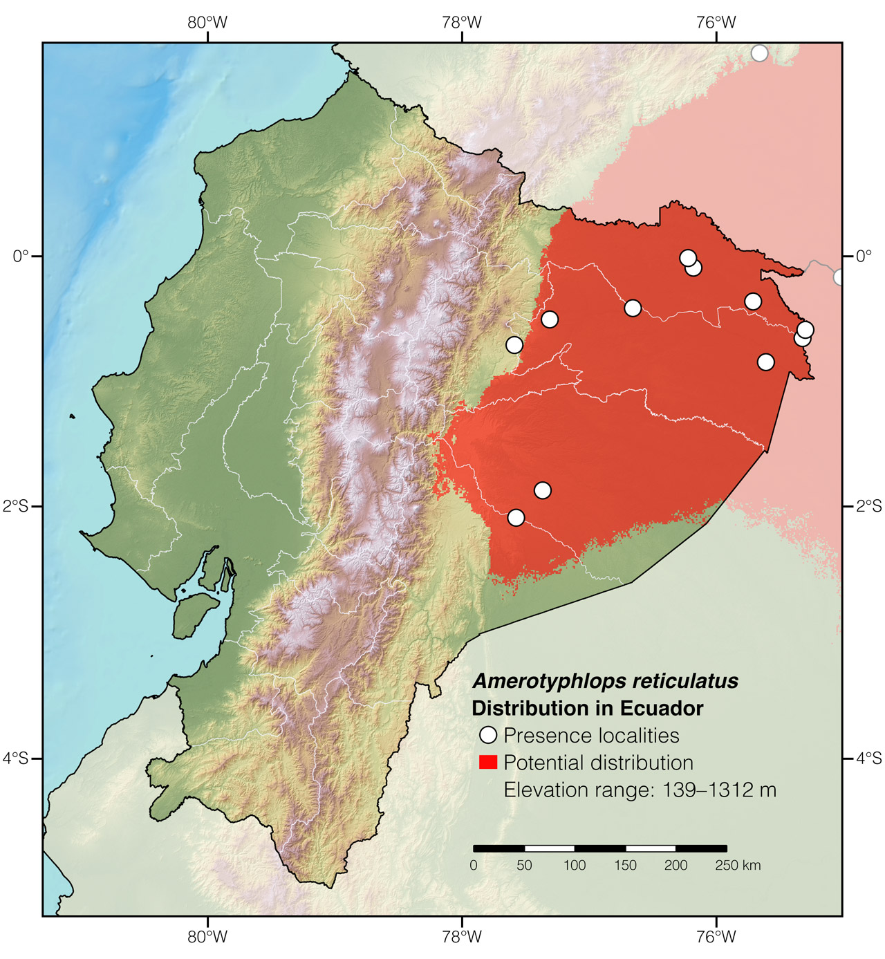 Distribution of Amerotyphlops reticulatus in Ecuador