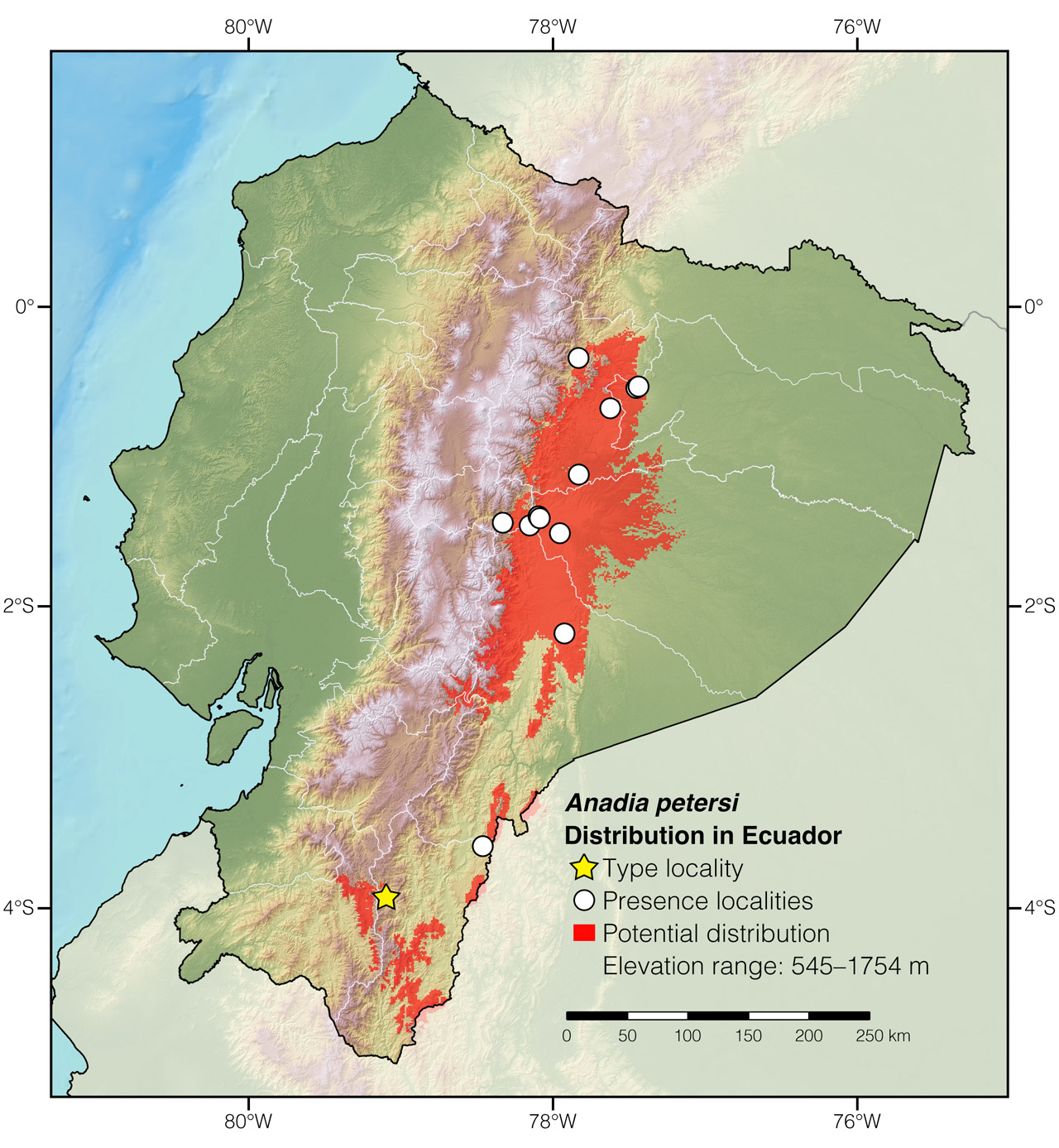 Distribution of Anadia petersi in Ecuador