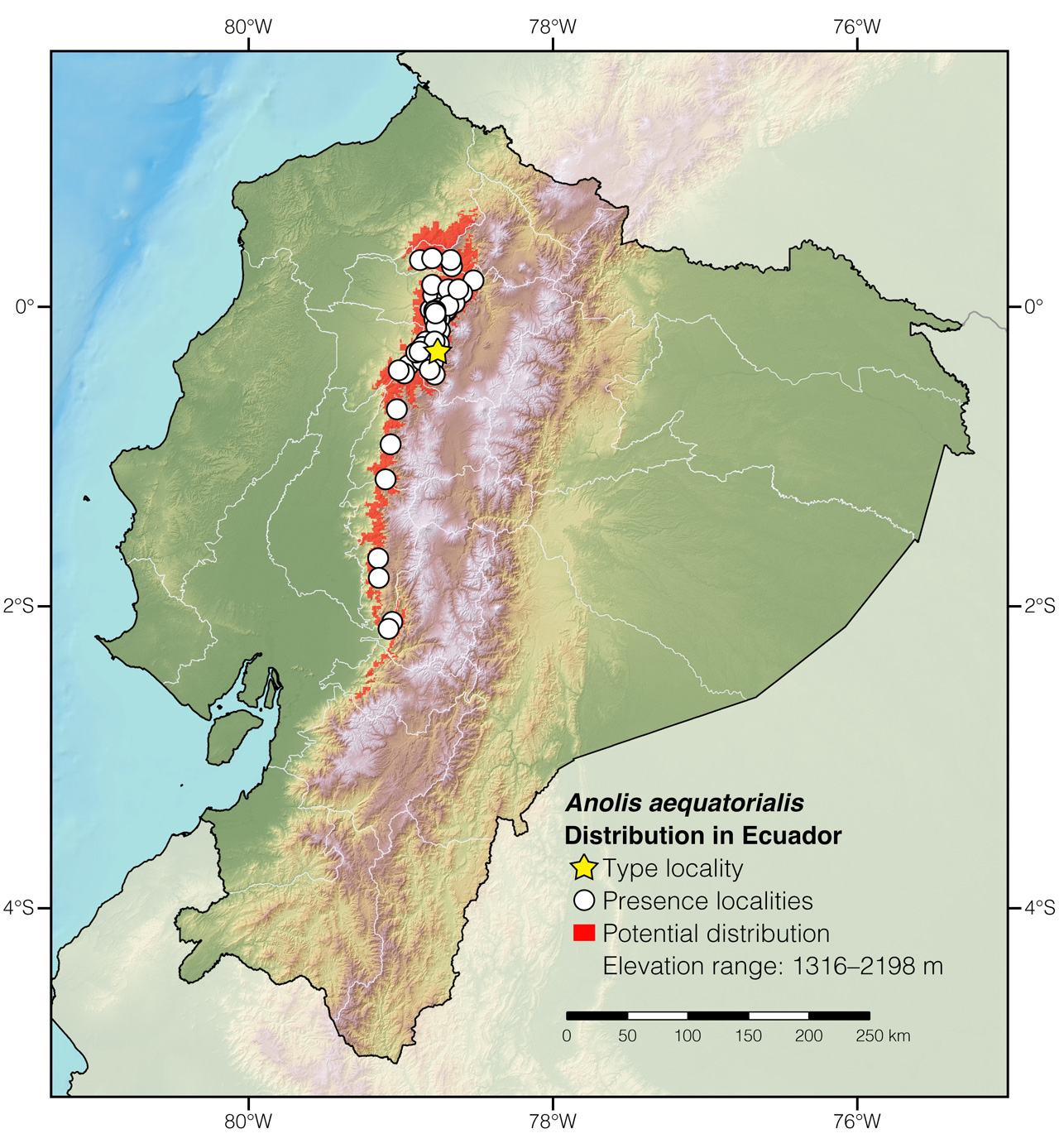 Distribution of Anolis aequatorialis in Ecuador