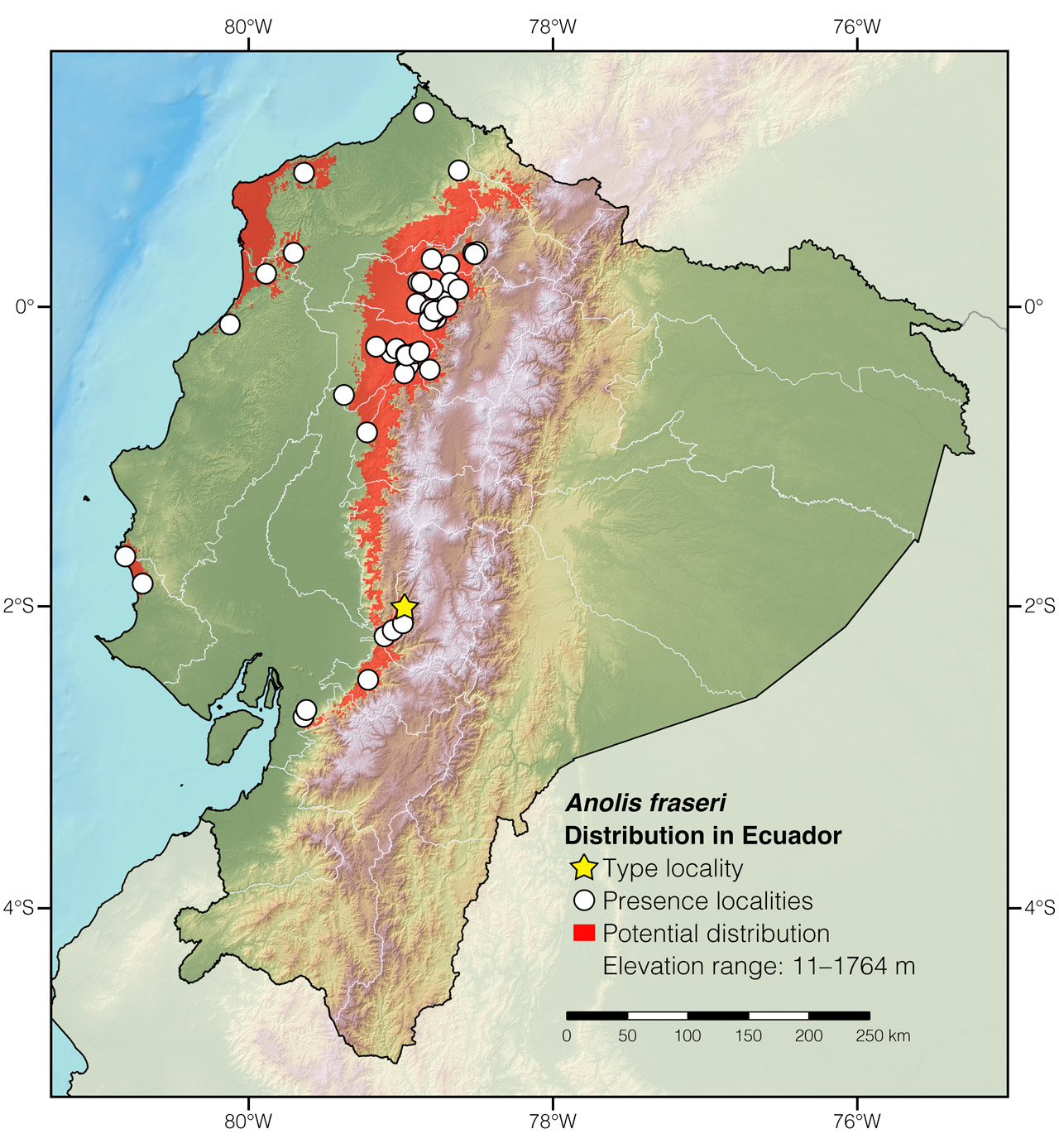 Distribution of Anolis fraseri in Ecuador
