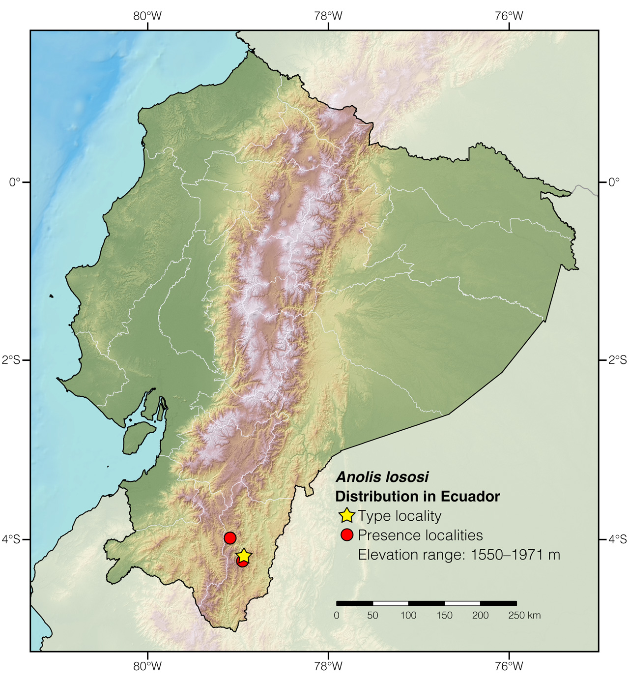 Distribution of Anolis lososi in Ecuador