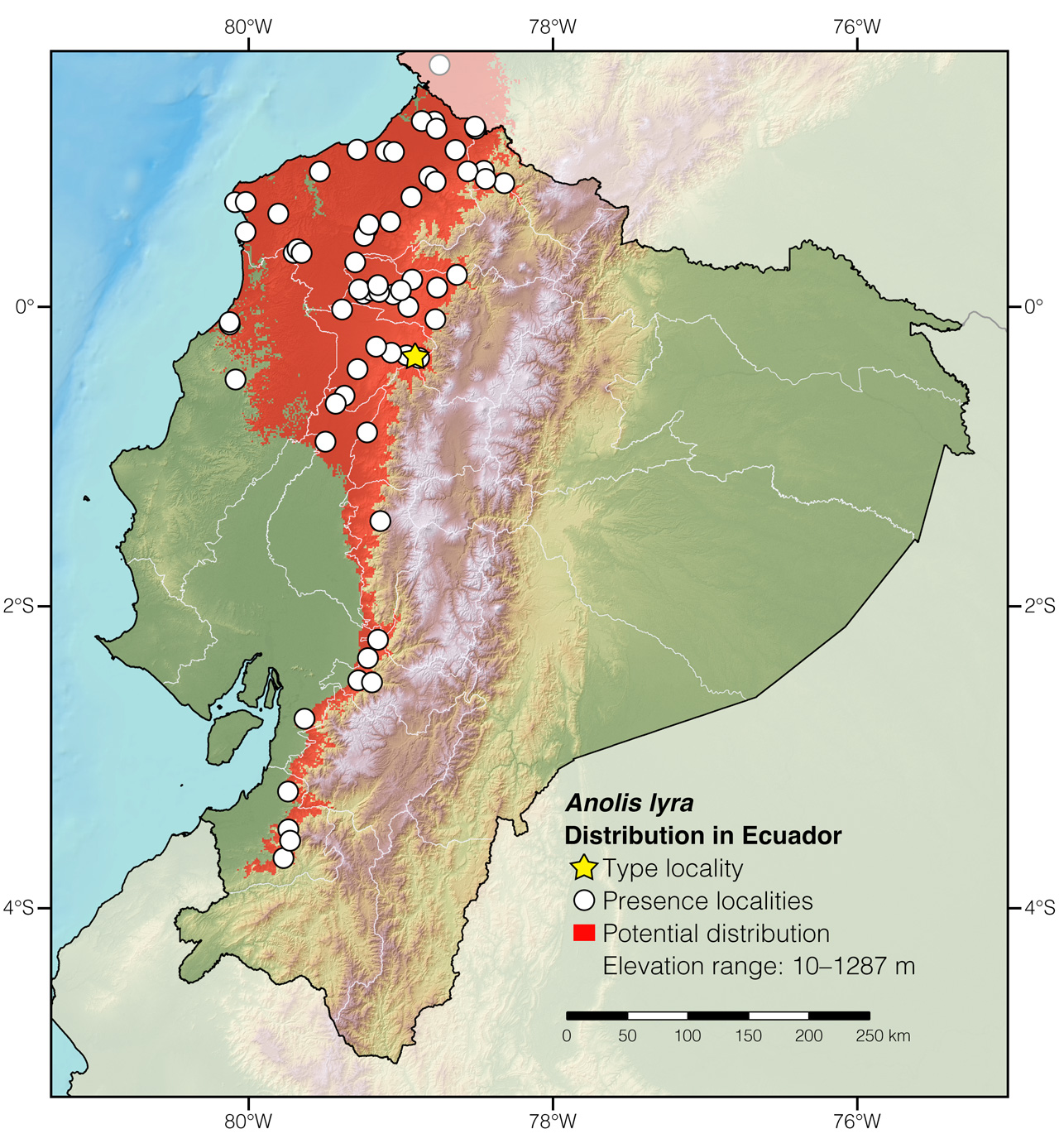 Distribution of Anolis lyra in Ecuador