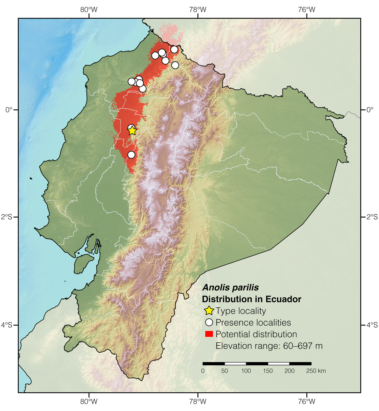 Distribution of Anolis parilis in Ecuador