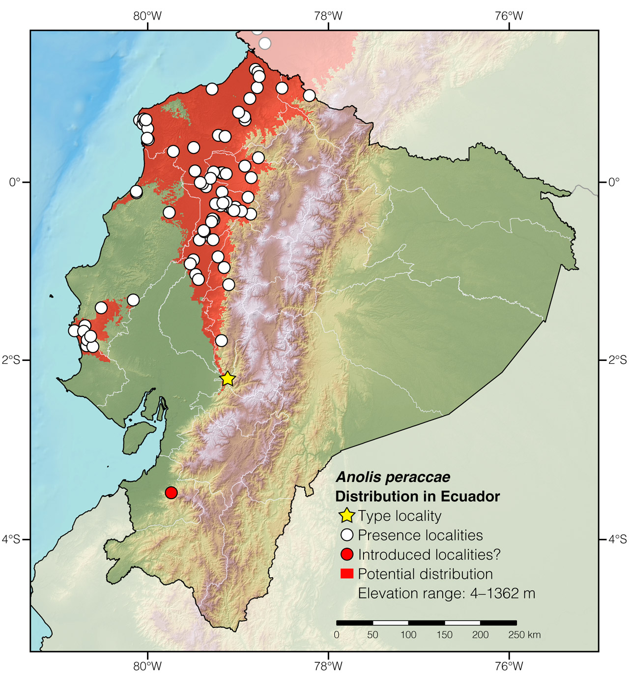 Distribution of Anolis peraccae in Ecuador