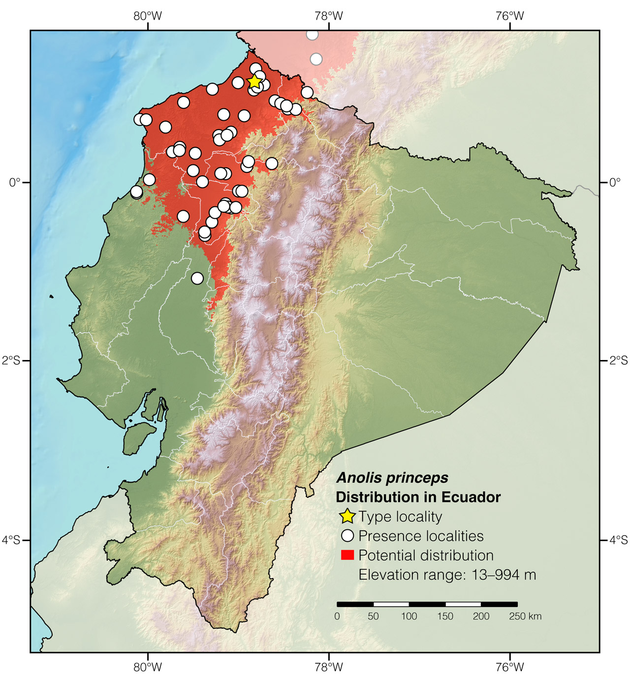 Distribution of Anolis princeps in Ecuador