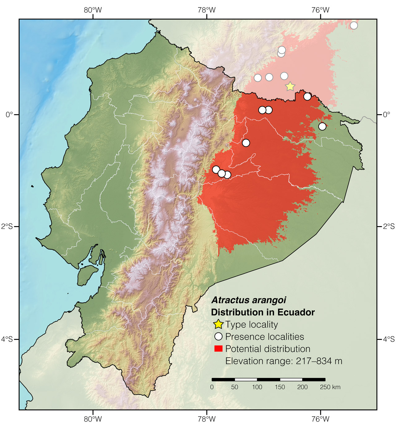 Distribution of Atractus arangoi in Ecuador