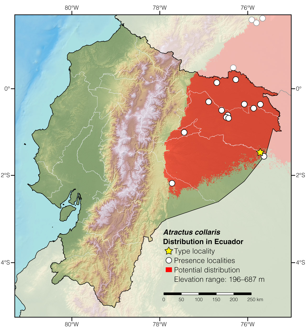 Distribution of Atractus collaris in Ecuador