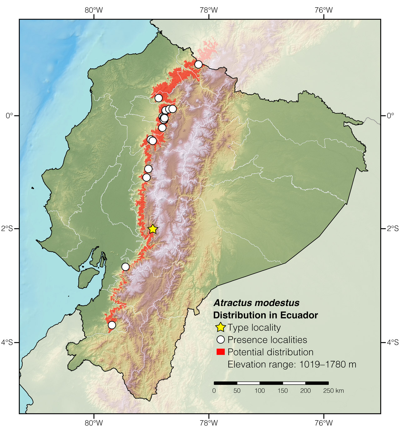 Distribution of Atractus modestus in Ecuador