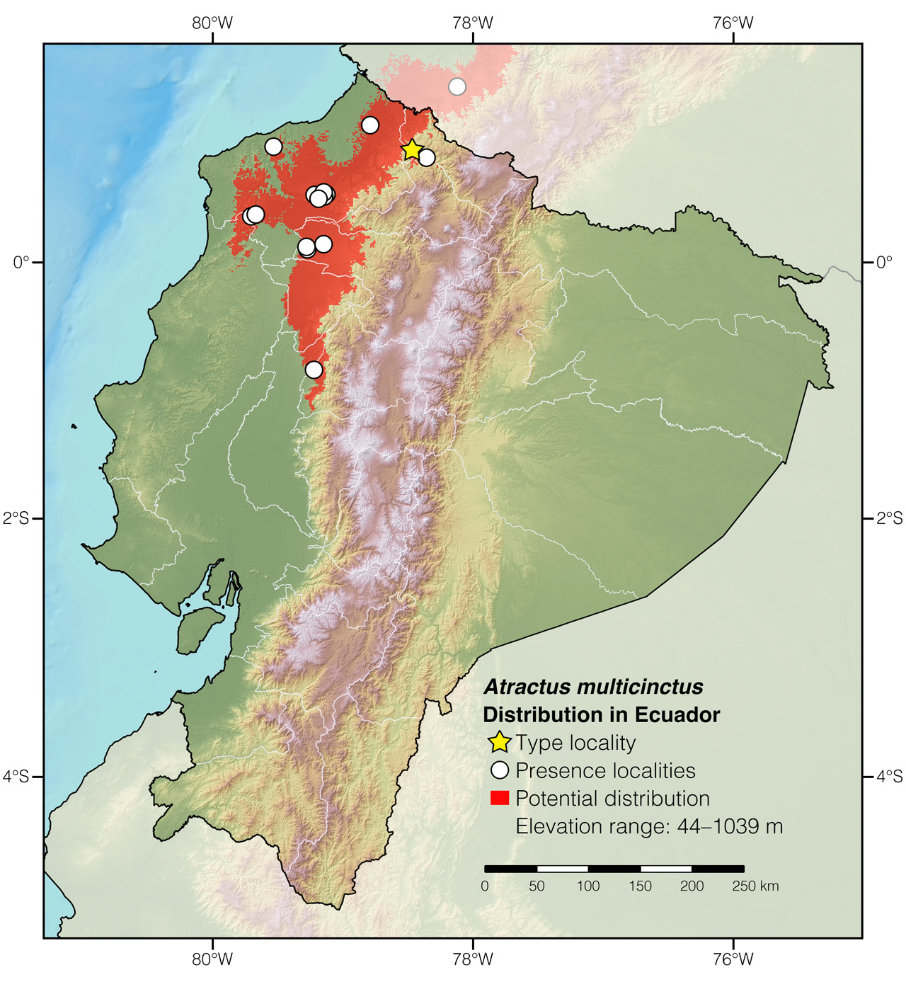 Distribution of Atractus multicinctus in Ecuador