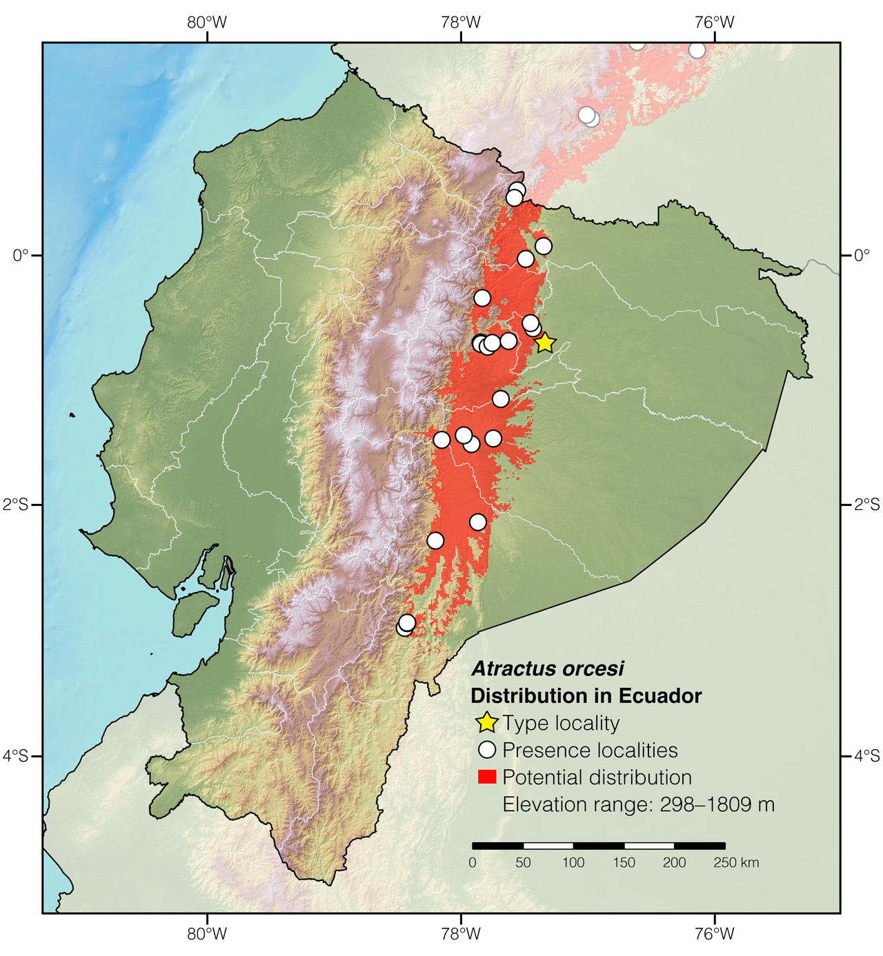 Distribution of Atractus orcesi in Ecuador