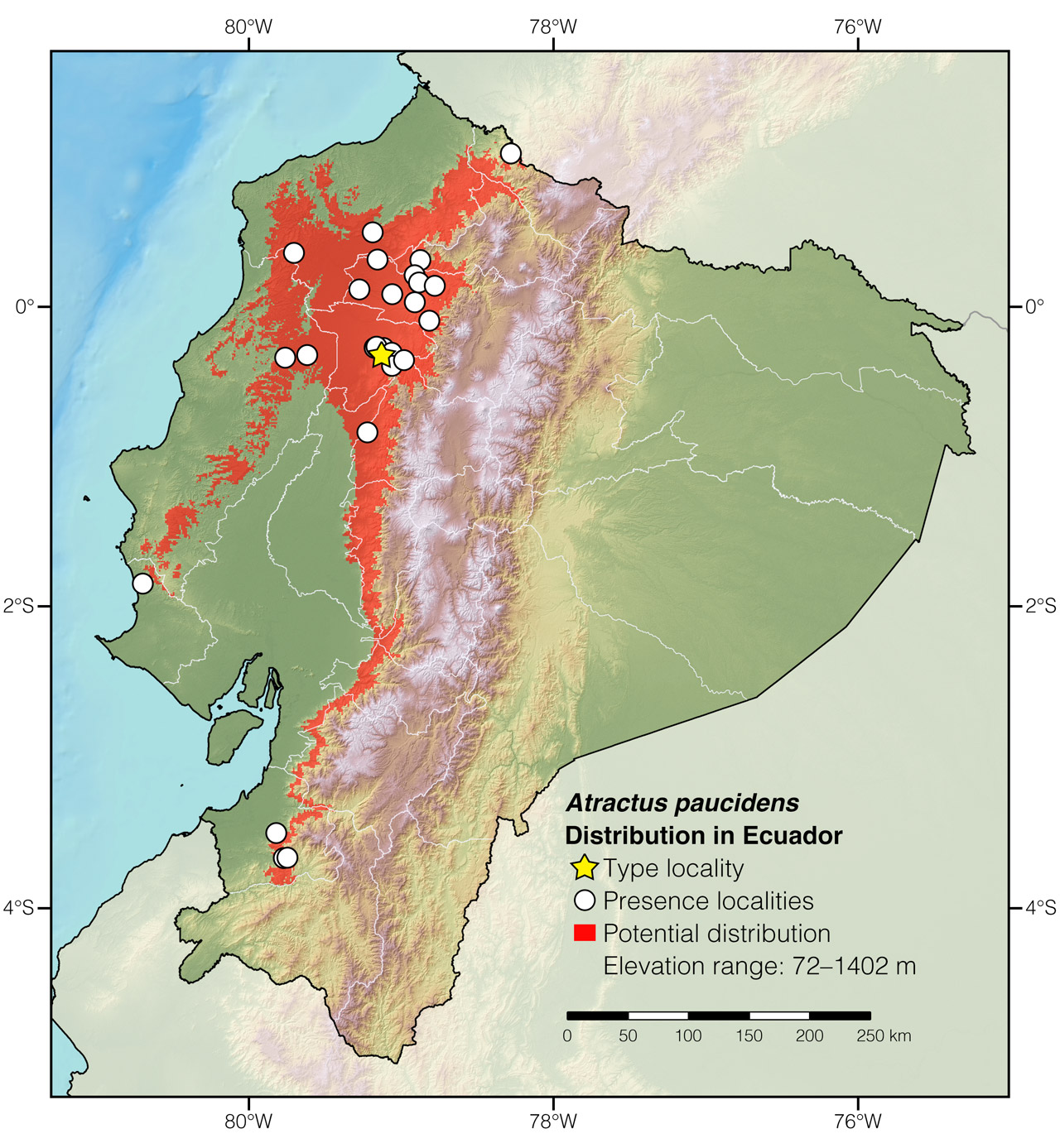 Distribution of Atractus paucidens in Ecuador