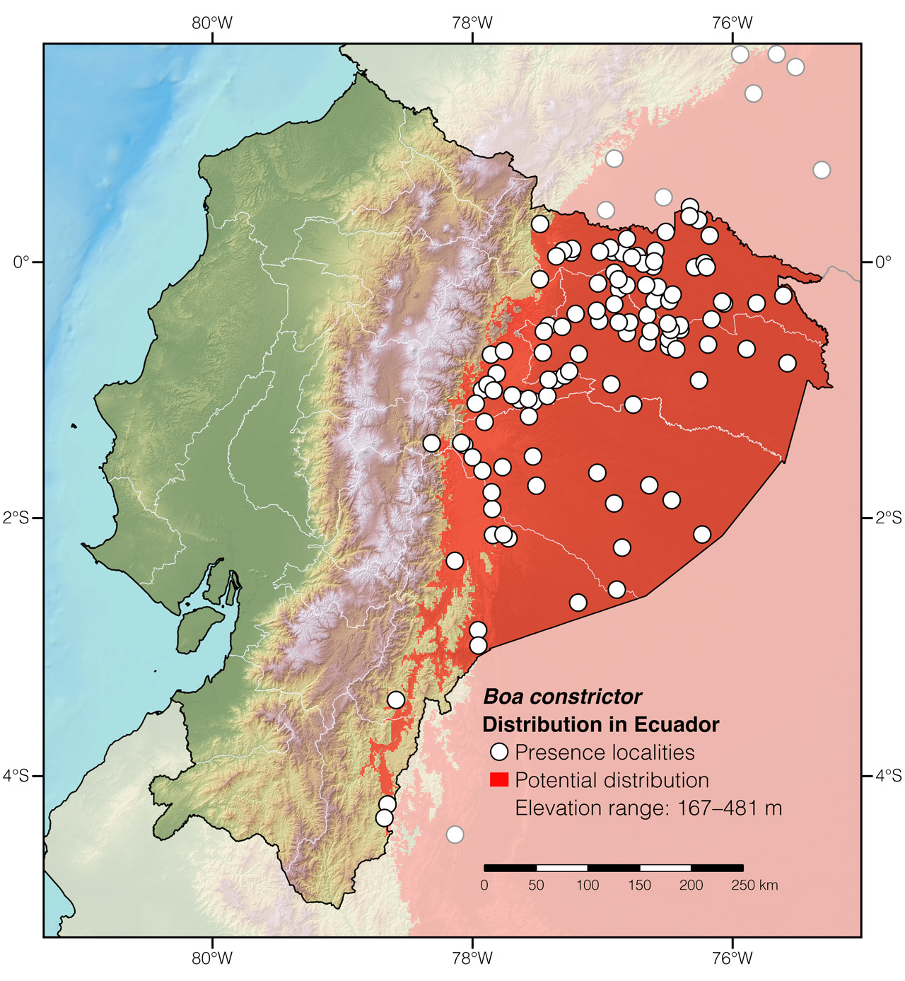 Distribution of Boa constrictor in Ecuador