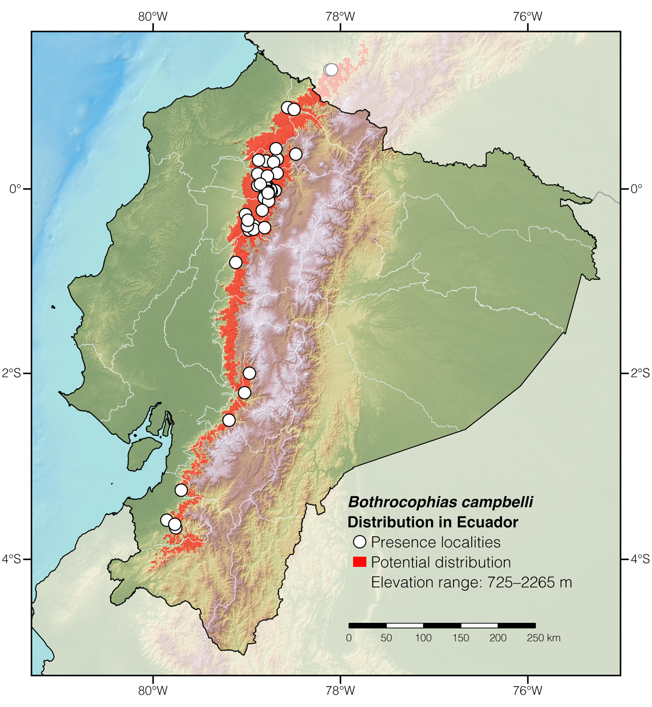Distribution of Bothrocophias campbelli in Ecuador