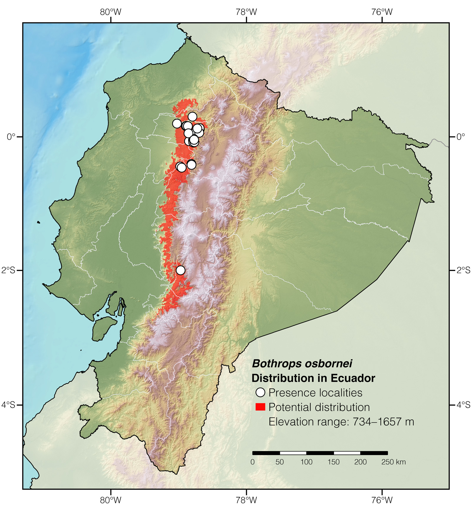 Distribution of Bothrops osbornei in Ecuador