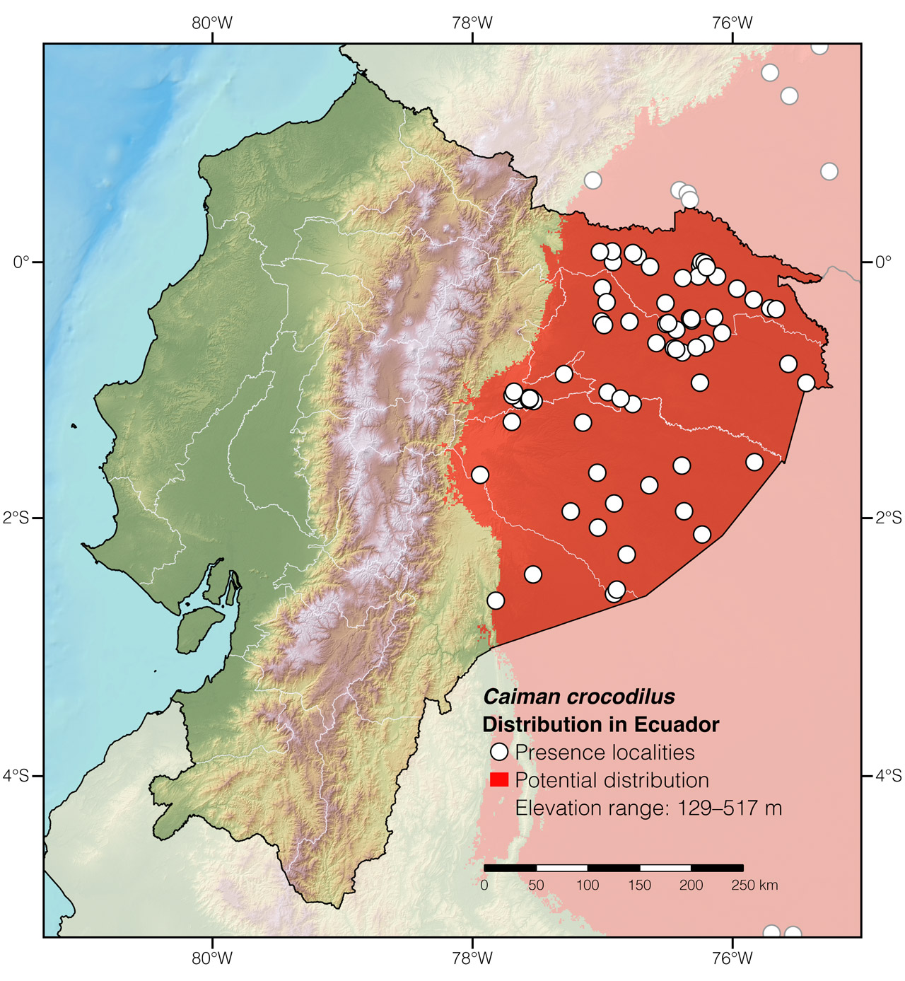 Distribution of Caiman crocodilus in Ecuador