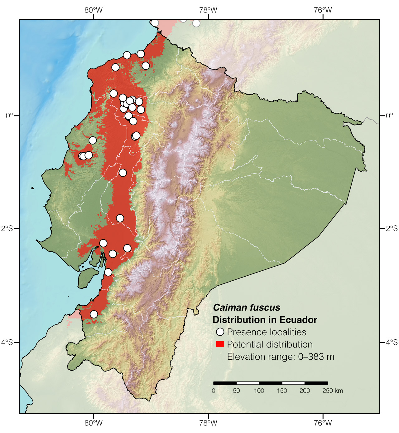 Distribution of Caiman fuscus in Ecuador