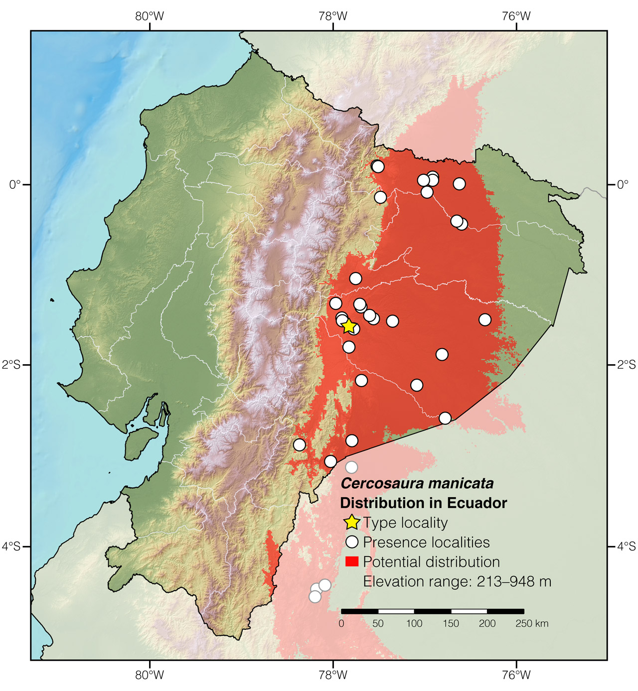 Distribution of Cercosaura manicata in Ecuador