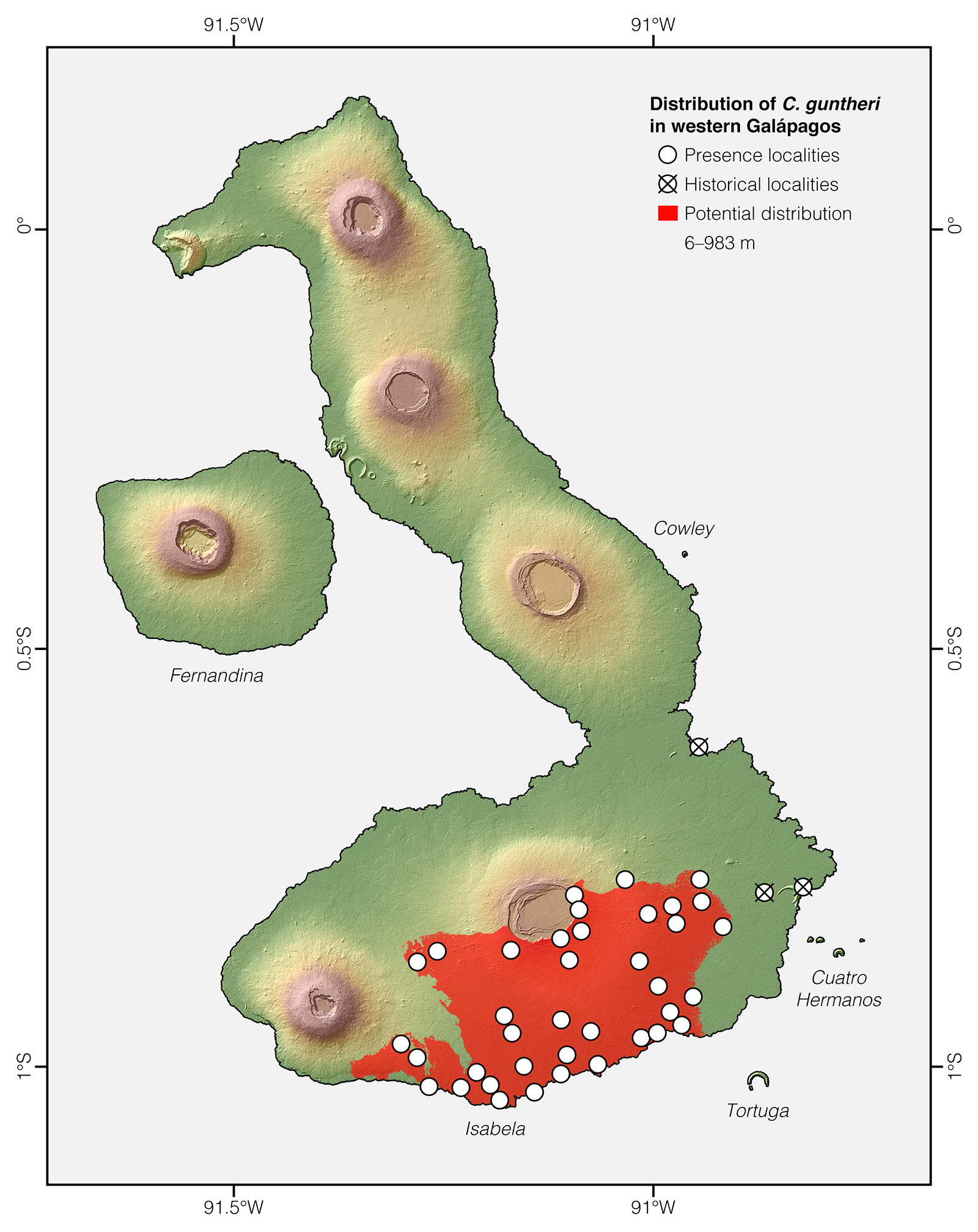 Distribution of Chelonoidis guntheri in western Galápagos