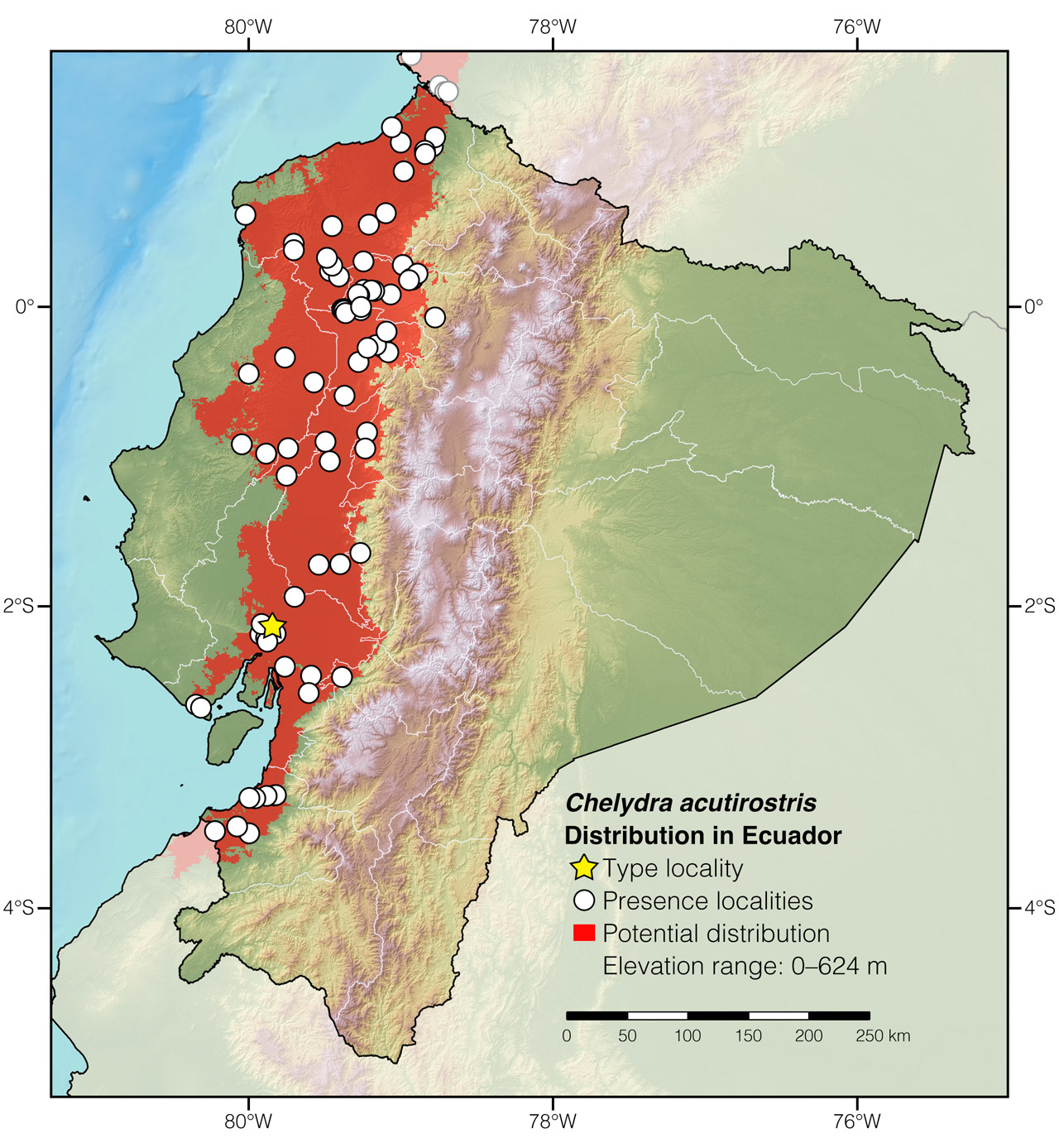 Distribution of Chelydra acutirostris in Ecuador