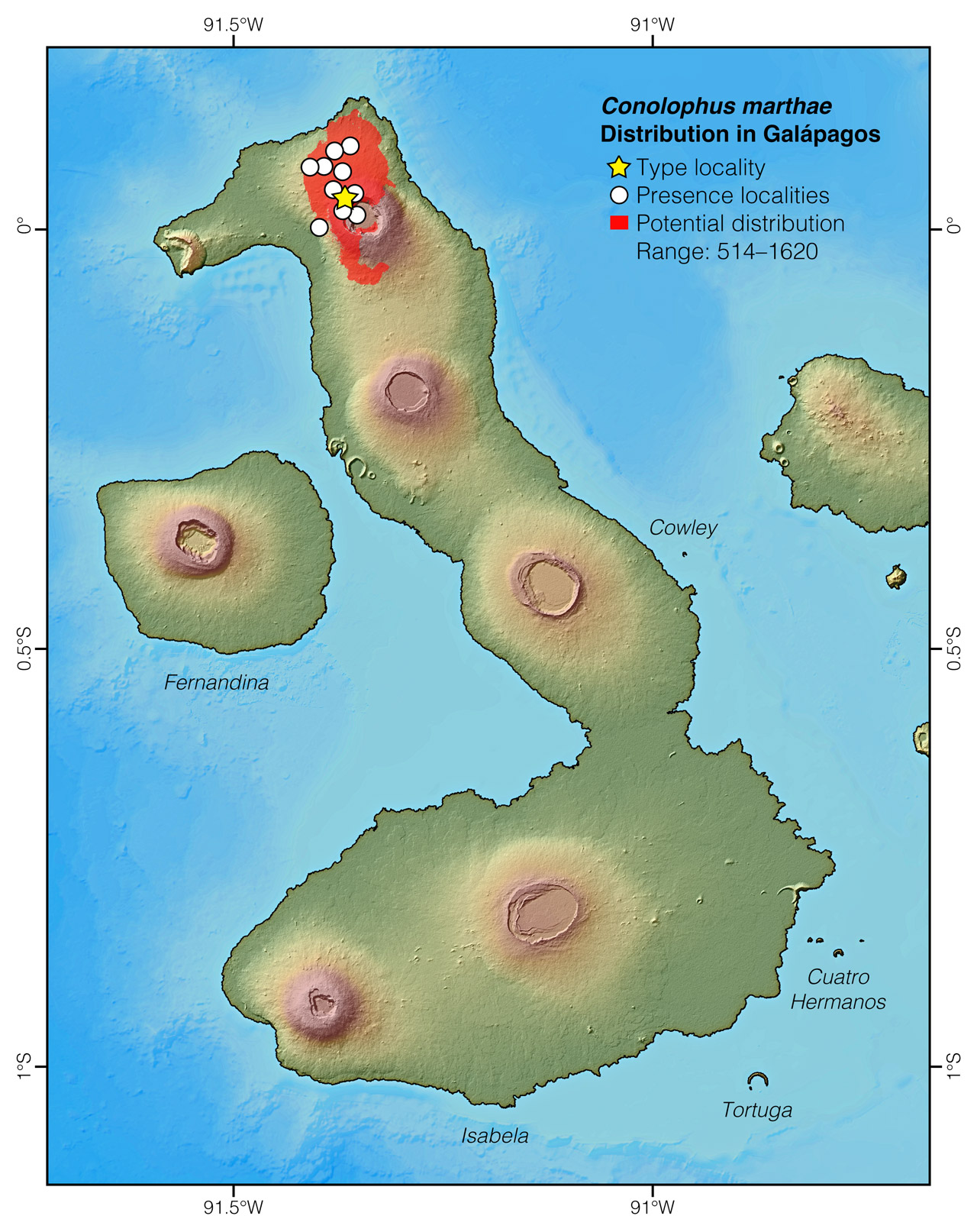 Distribution of Conolophus marthae in western Galápagos