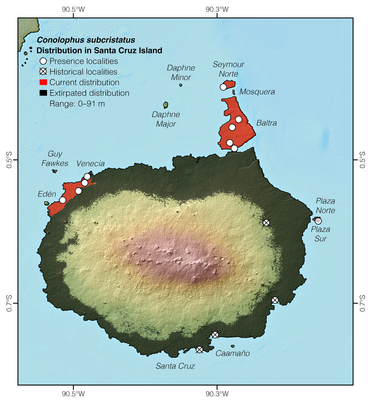 Distribution of Conolophus subcristatus in Santa Cruz Island