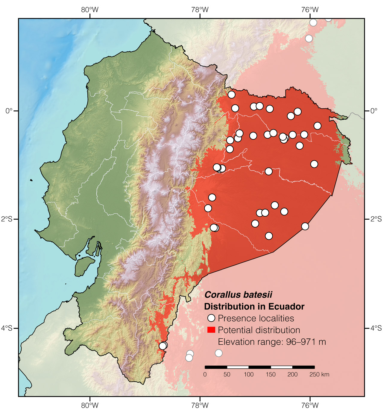 Distribution of Corallus batesii in Ecuador