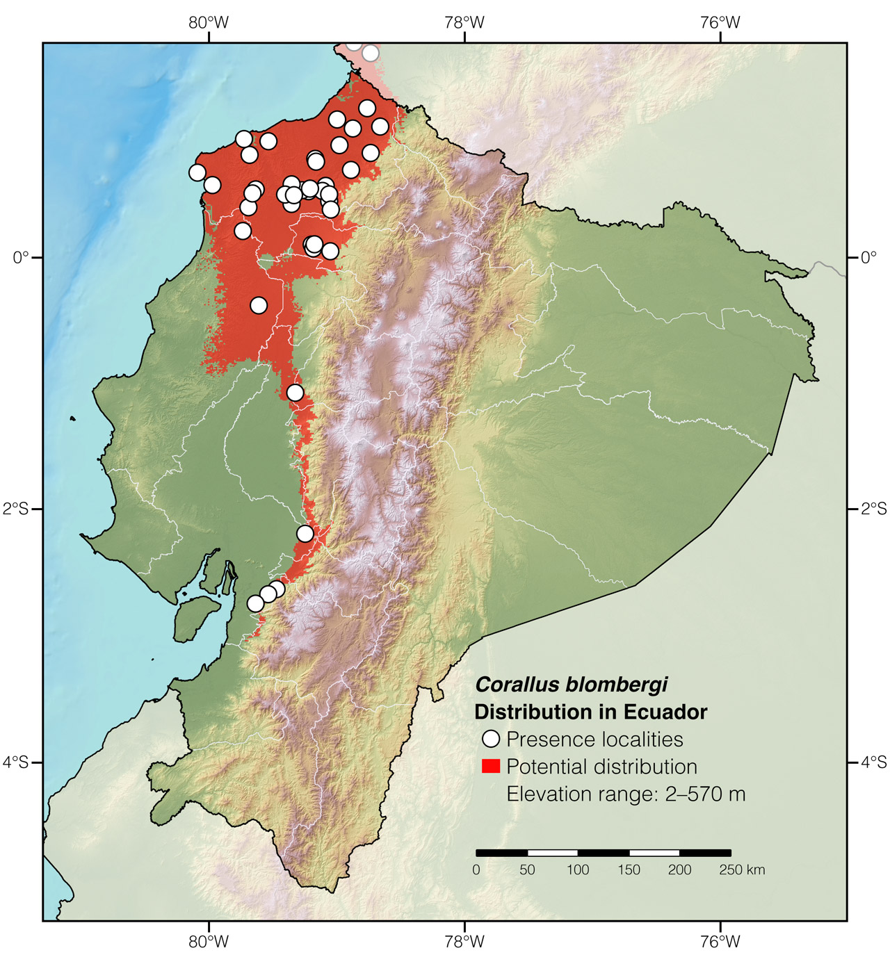 Distribution of Corallus blombergi in Ecuador