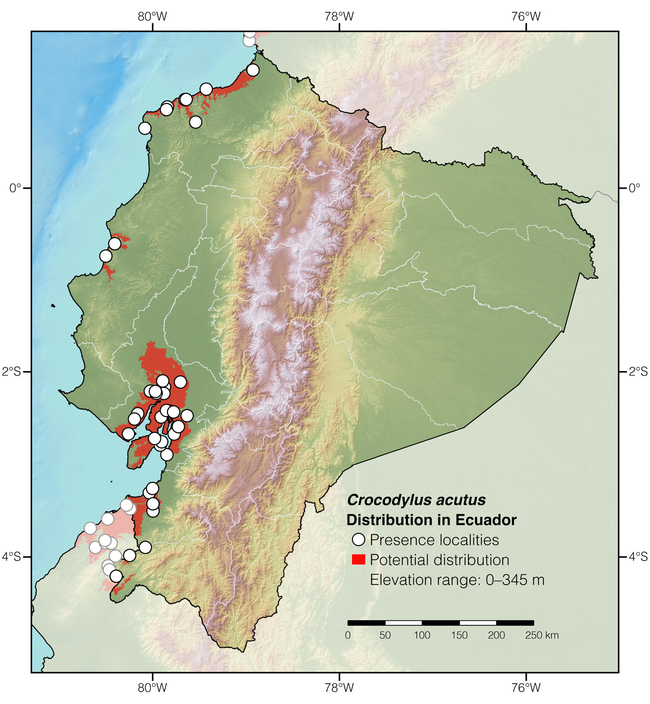 Distribution of Crocodylus acutus in Ecuador