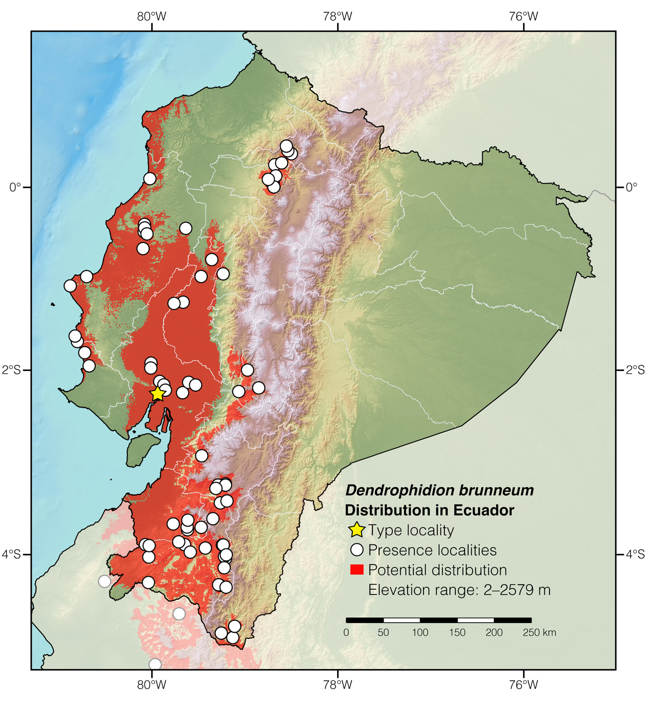 Distribution of Dendrophidion brunneum in Ecuador
