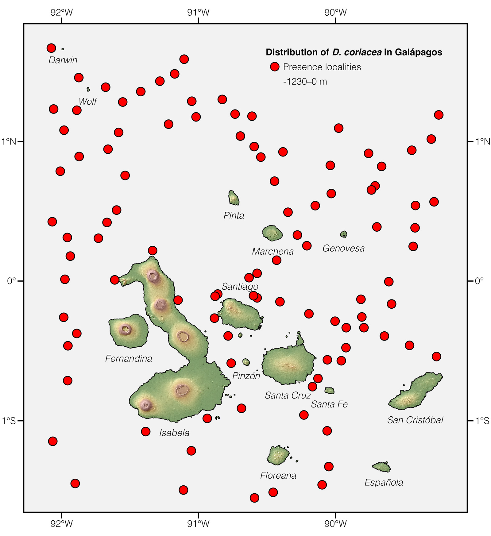 Distribution of Dermochelys coriacea in Galápagos