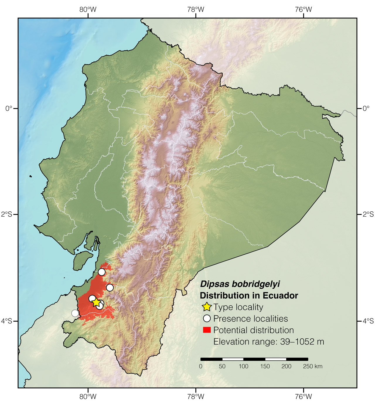 Distribution of Dipsas bobridgelyi in Ecuador