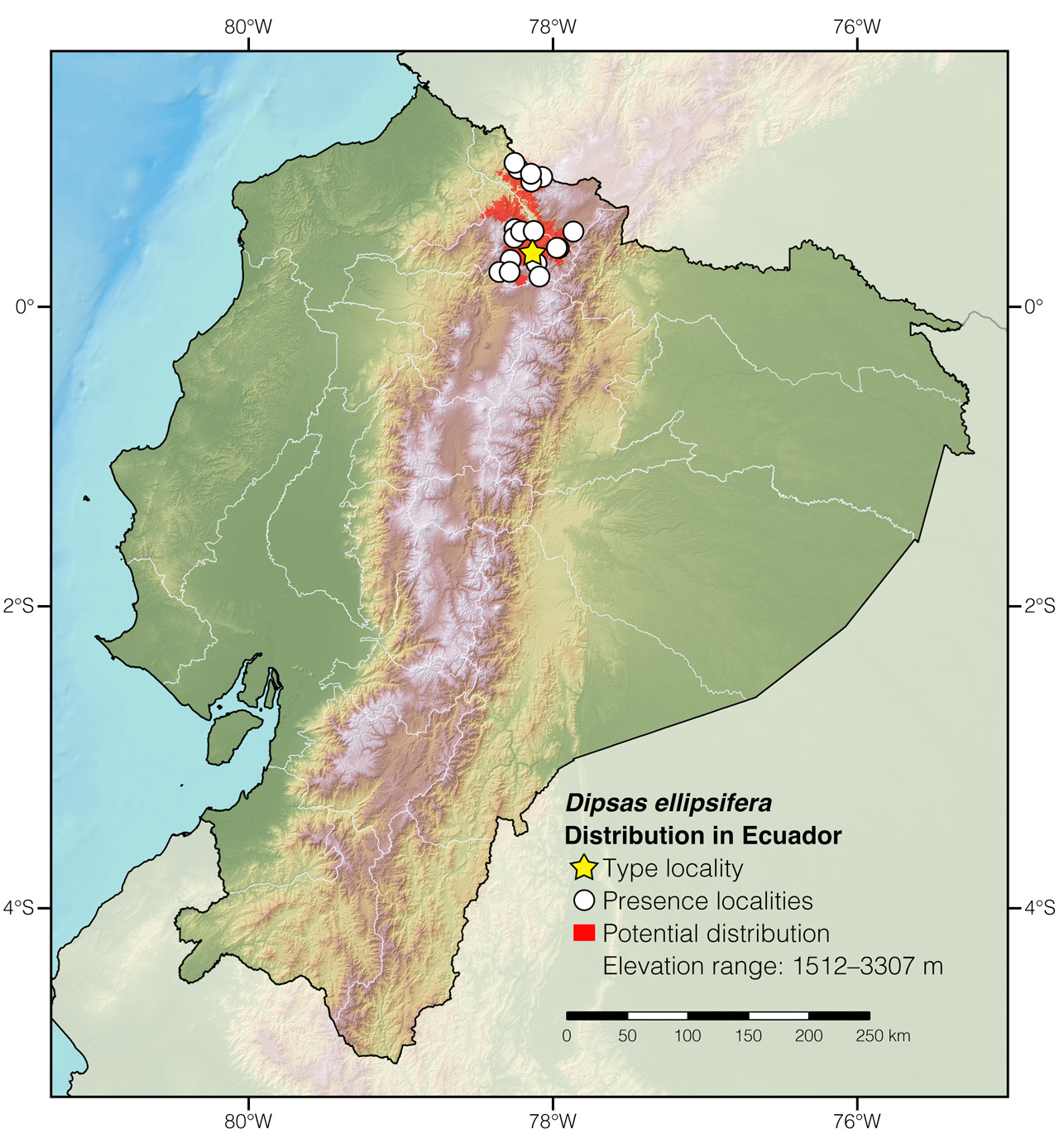 Distribution of Dipsas ellipsifera in Ecuador
