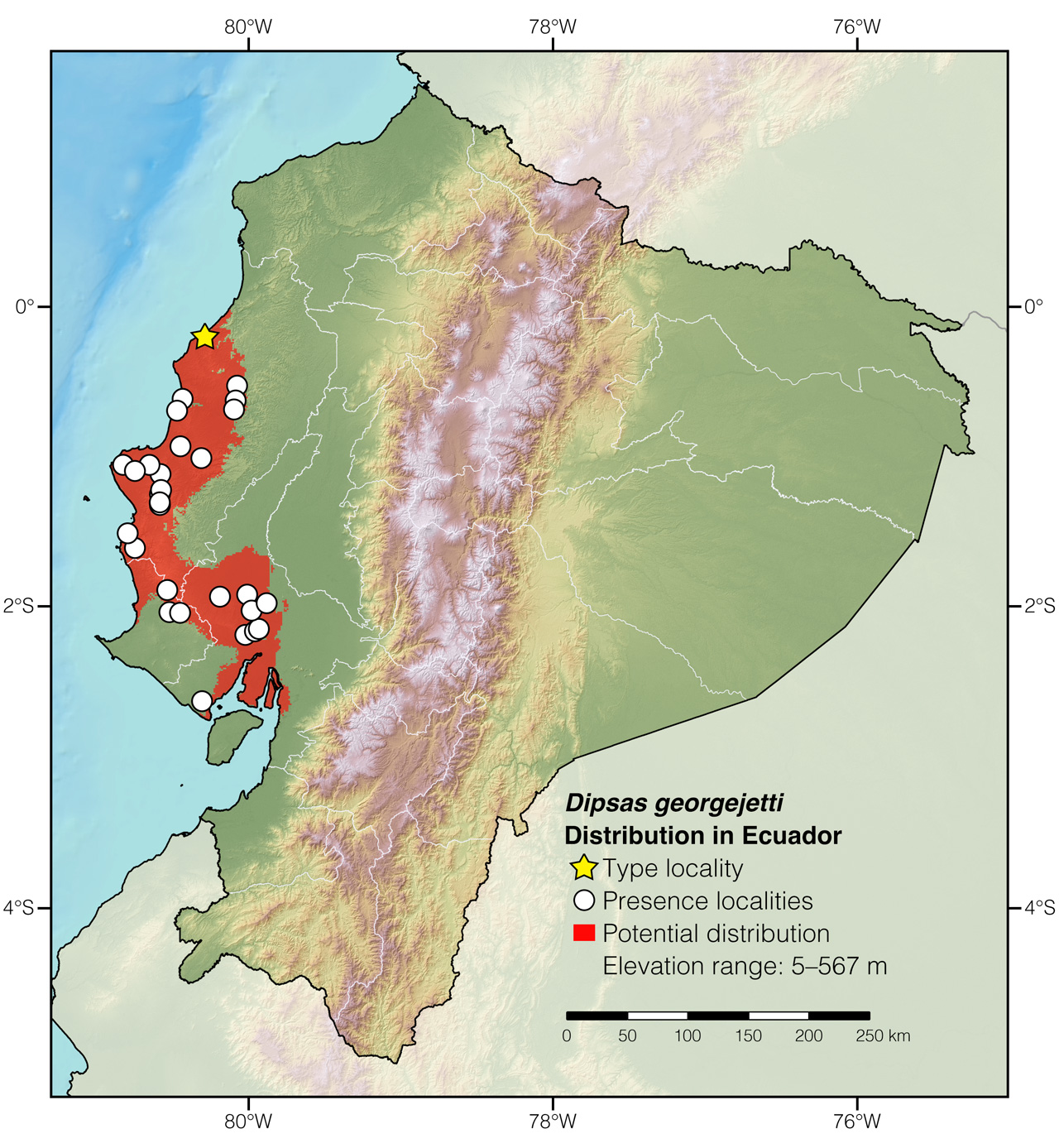Distribution of Dipsas georgejetti in Ecuador