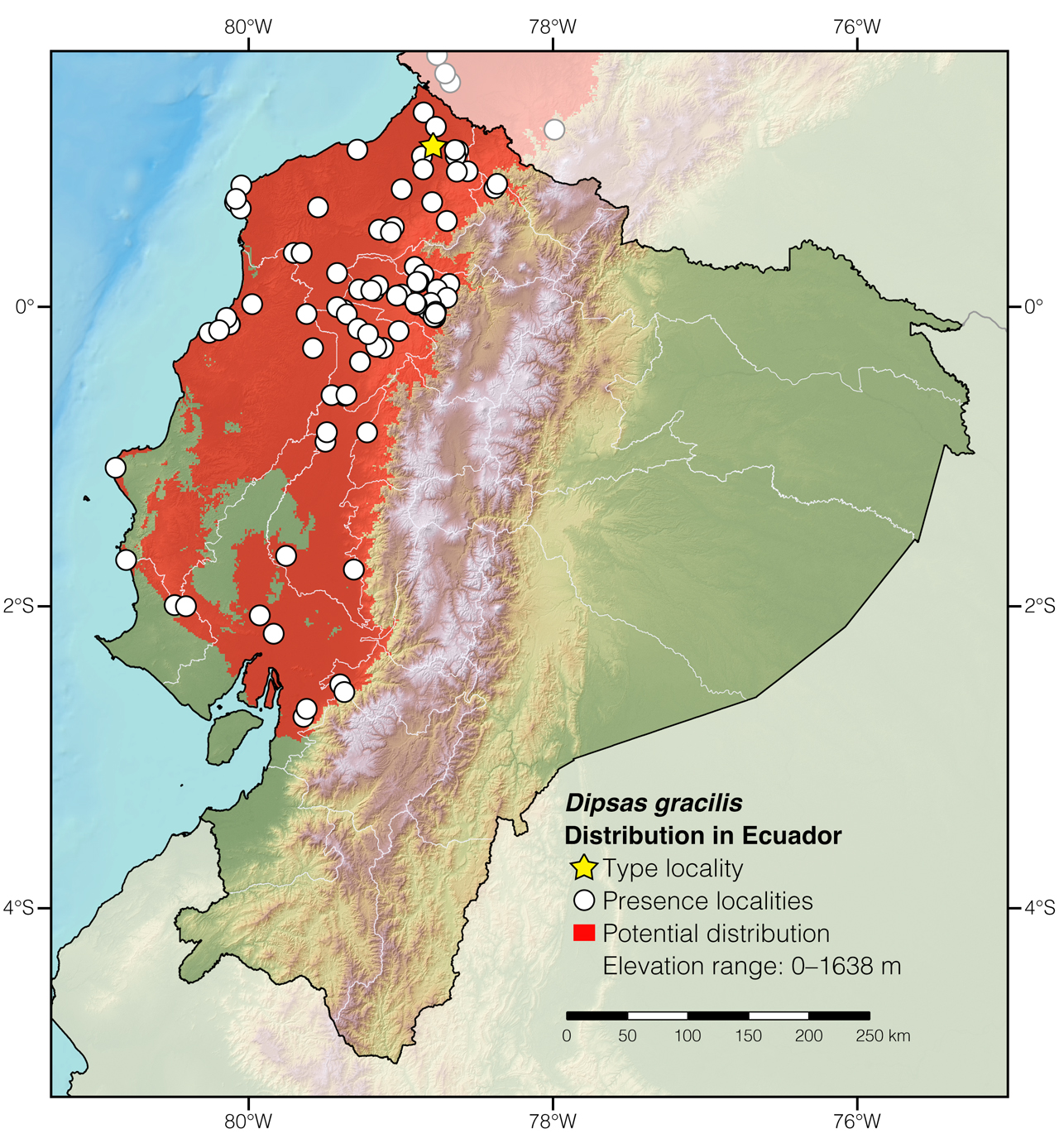 Distribution of Dipsas gracilis in Ecuador