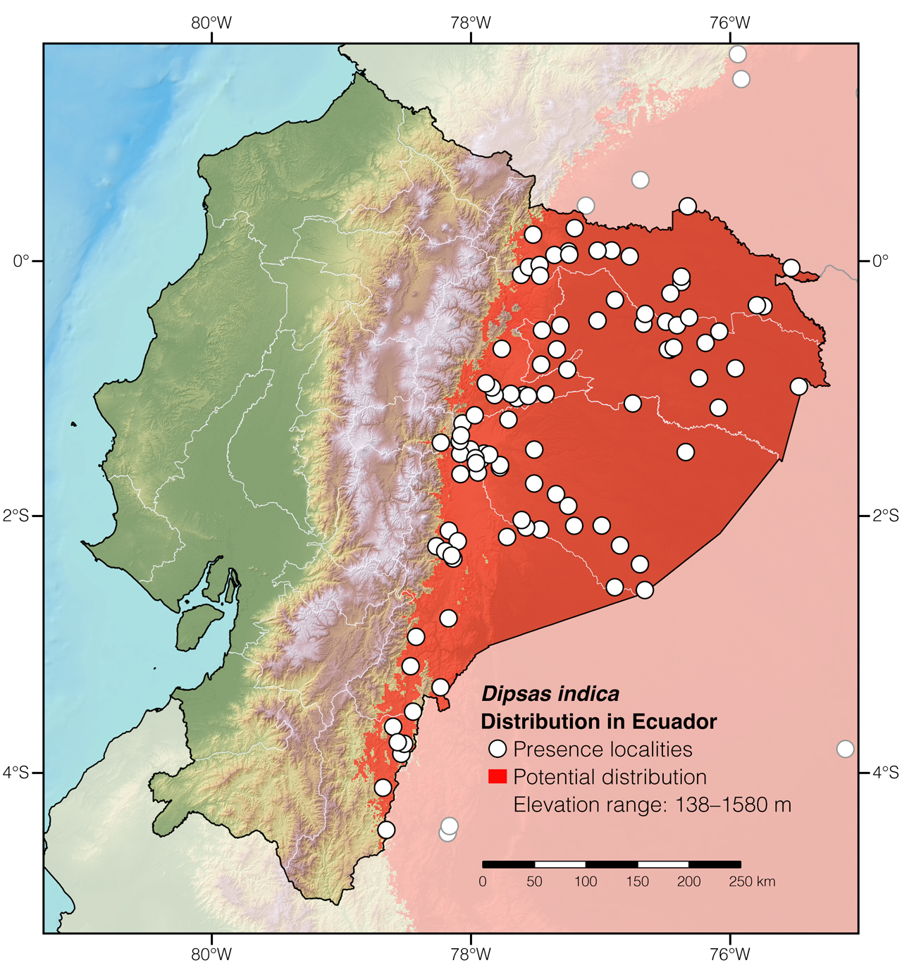 Distribution of Dipsas indica in Ecuador