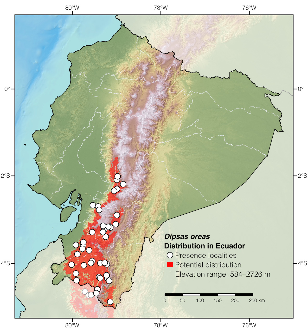 Distribution of Dipsas oreas in Ecuador