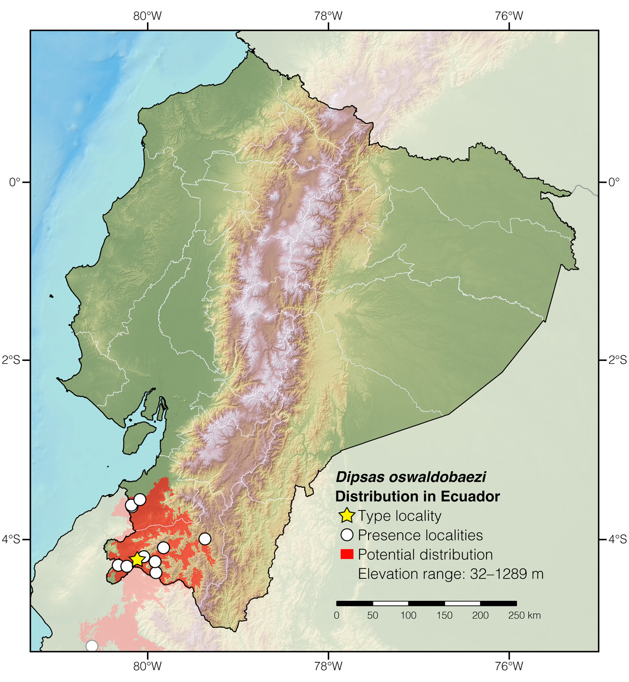 Distribution of Dipsas oswaldobaezi in Ecuador