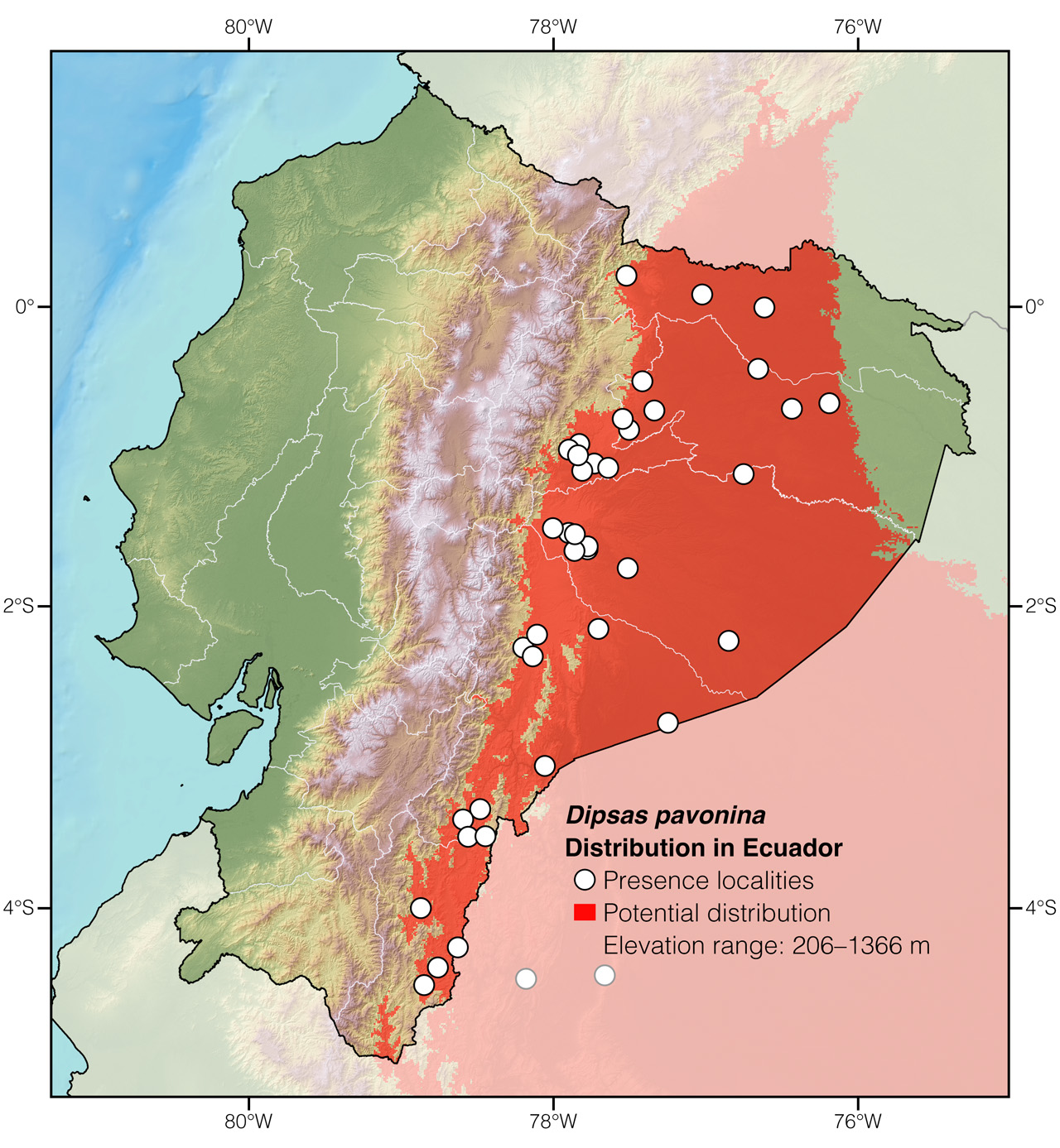 Distribution of Dipsas pavonina in Ecuador