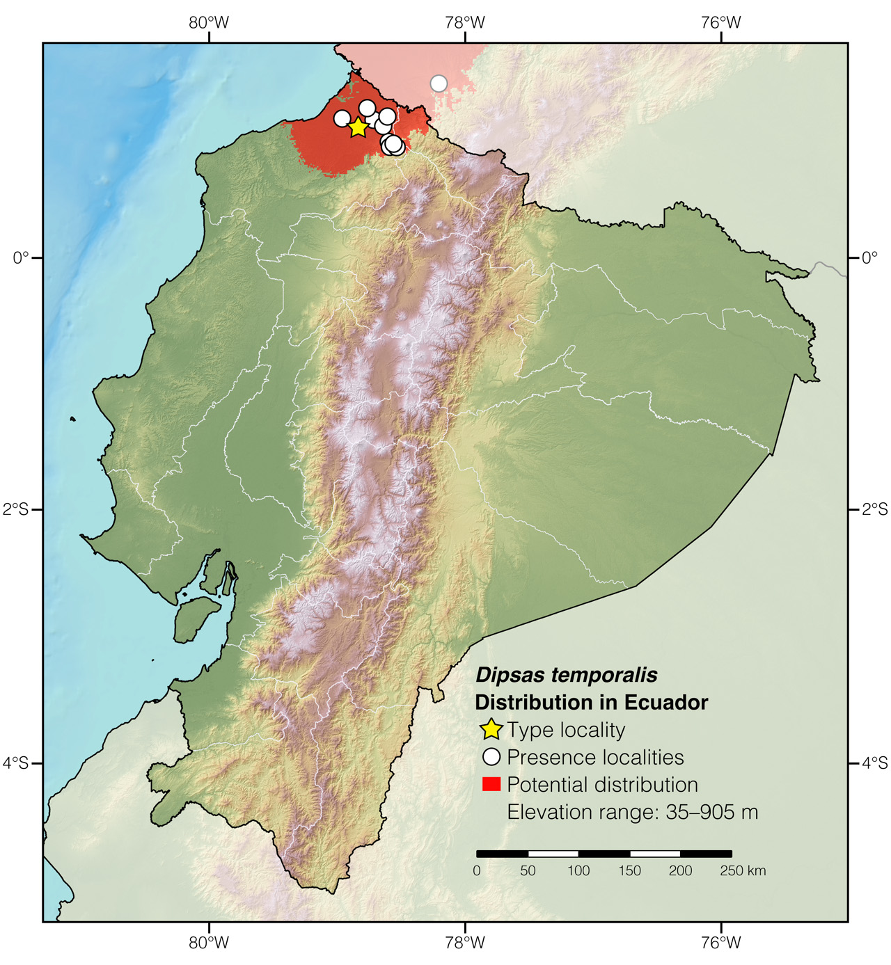 Distribution of Dipsas temporalis in Ecuador