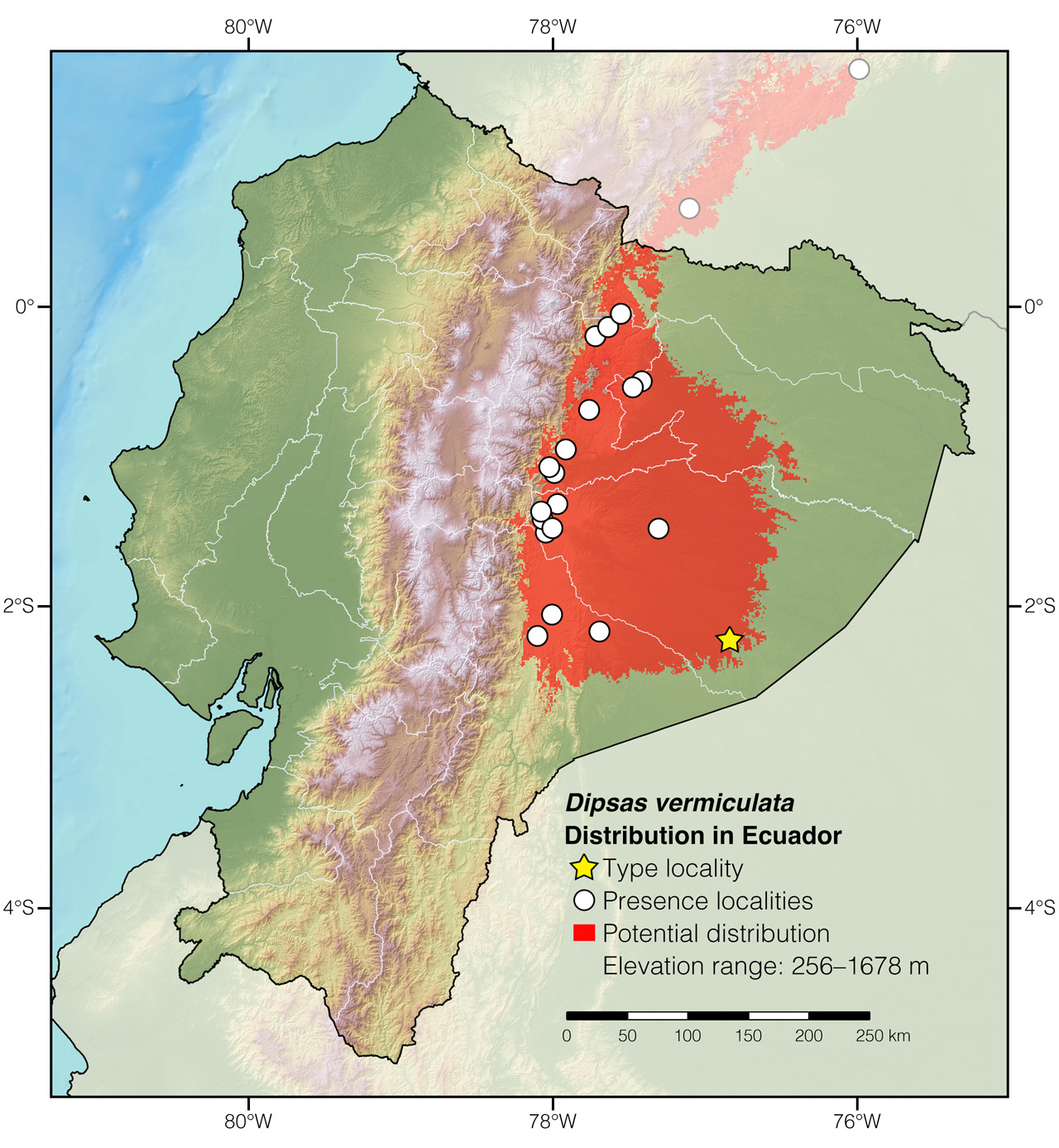 Distribution of Dipsas vermiculata in Ecuador