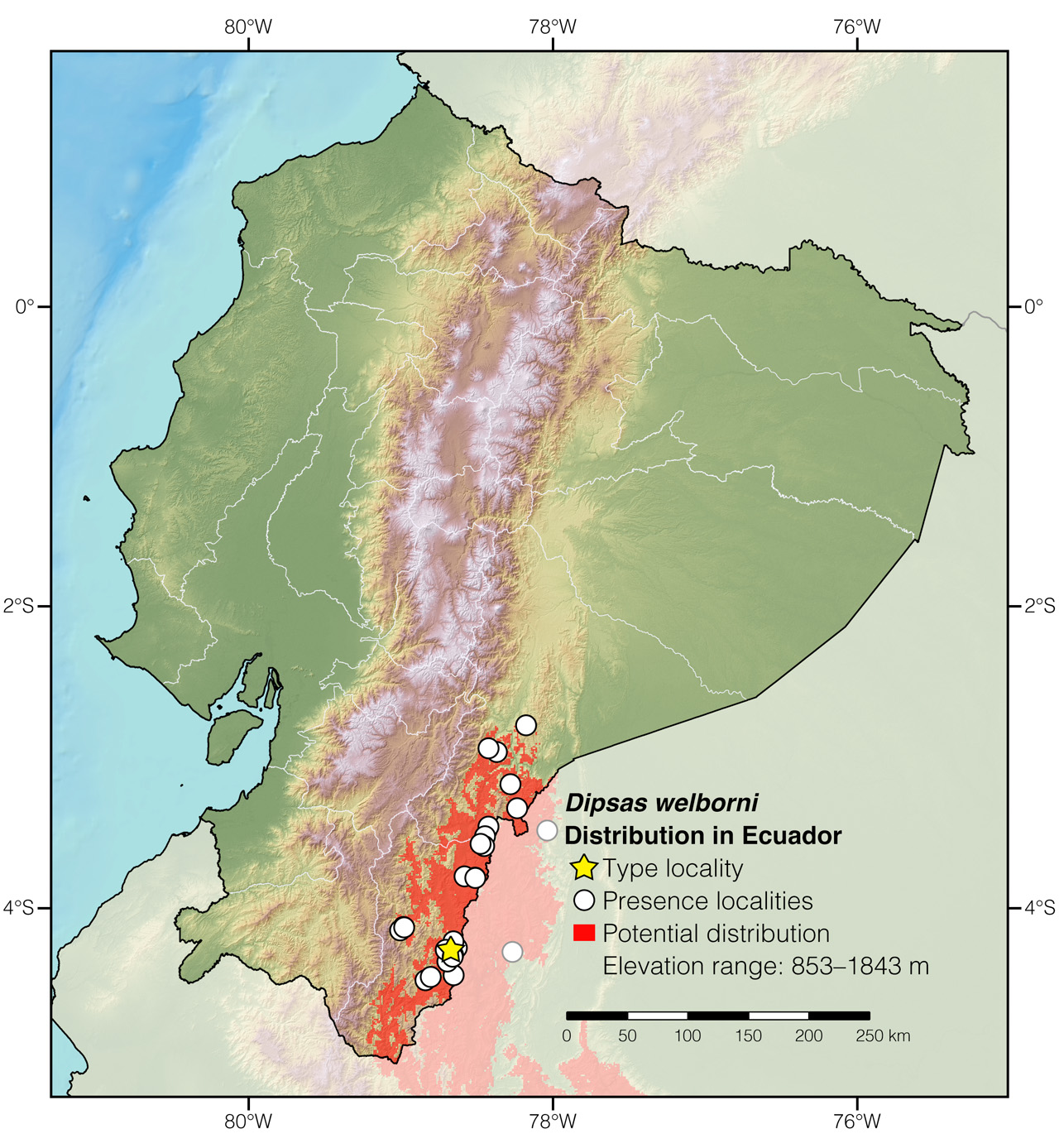 Distribution of Dipsas welborni in Ecuador