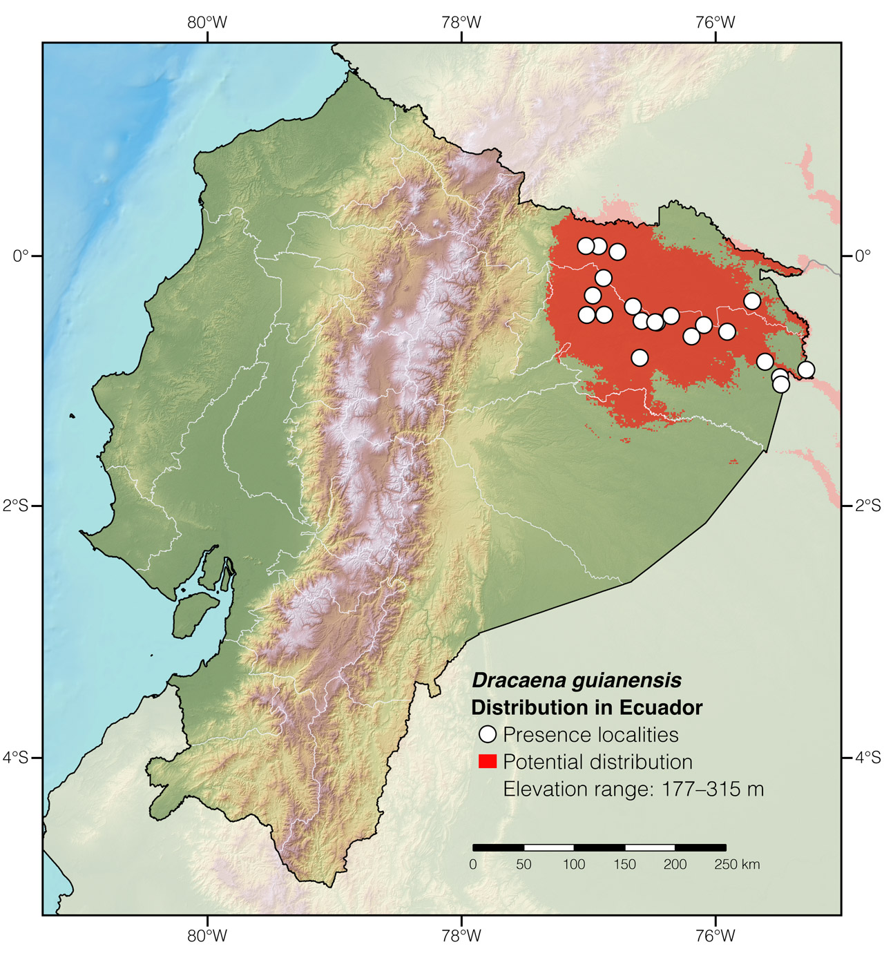 Distribution of Dracaena guianensis in Ecuador