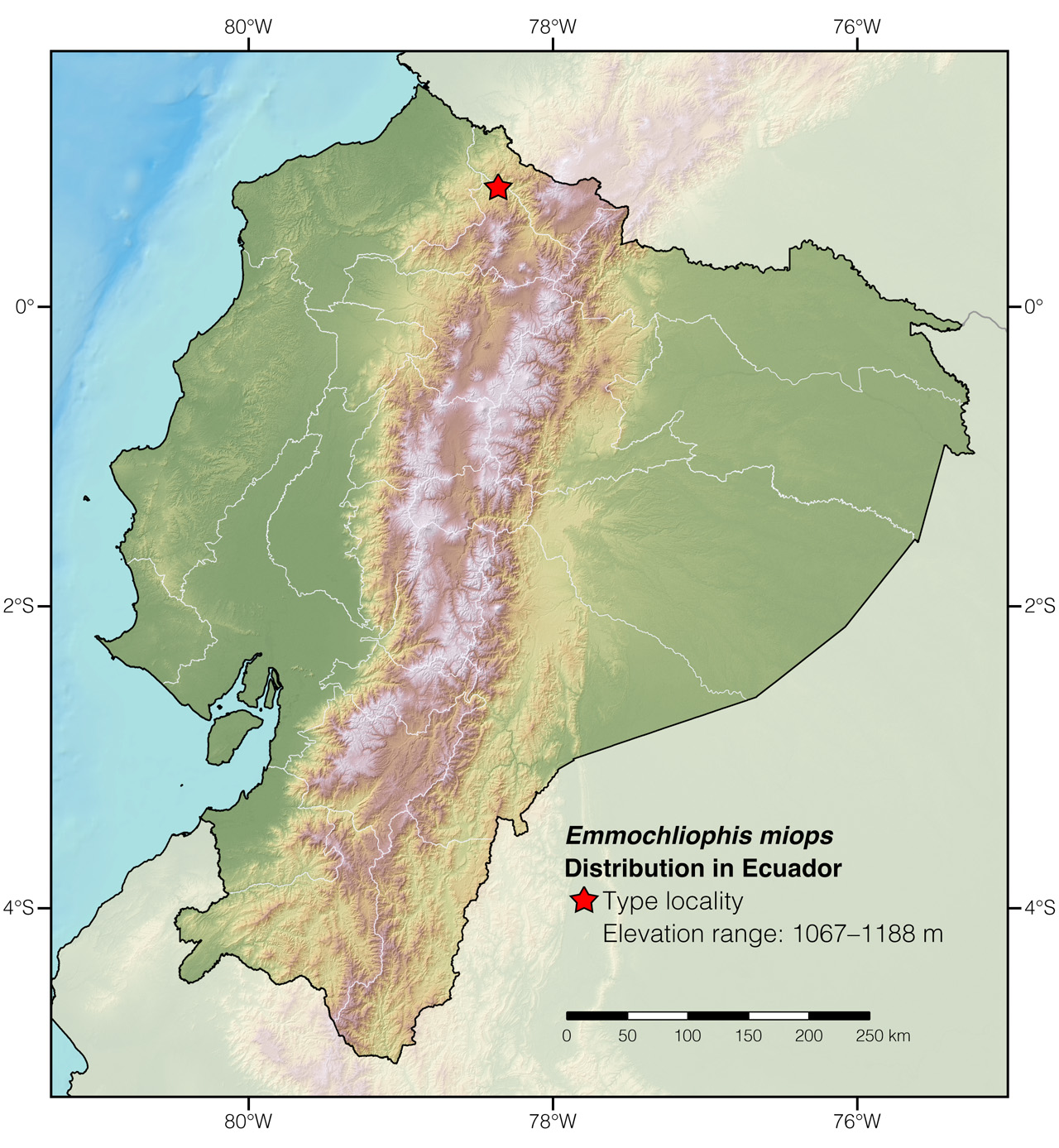 Distribution of Emmochliophis miops in Ecuador