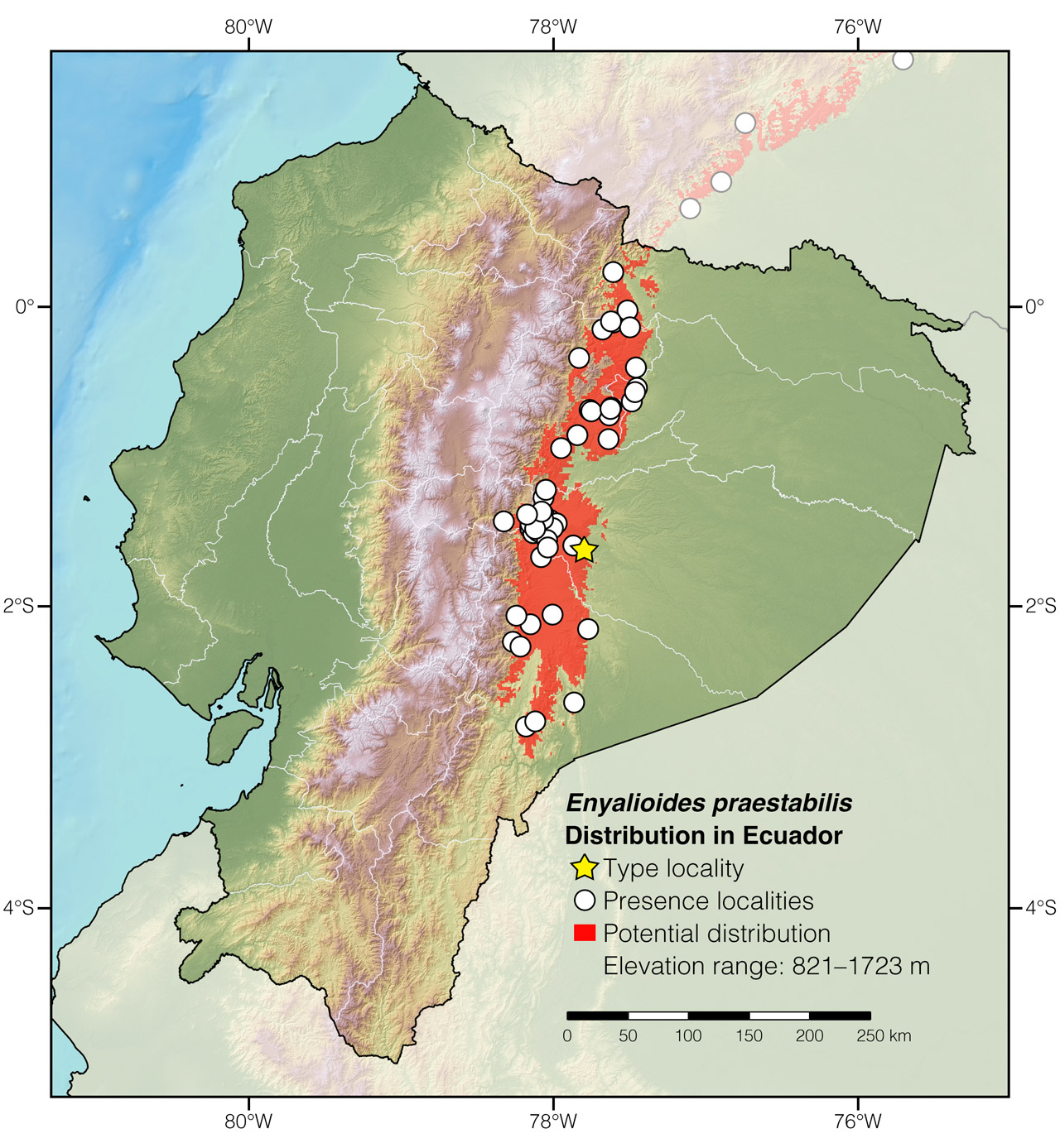 Distribution of Enyalioides praestabilis in Ecuador