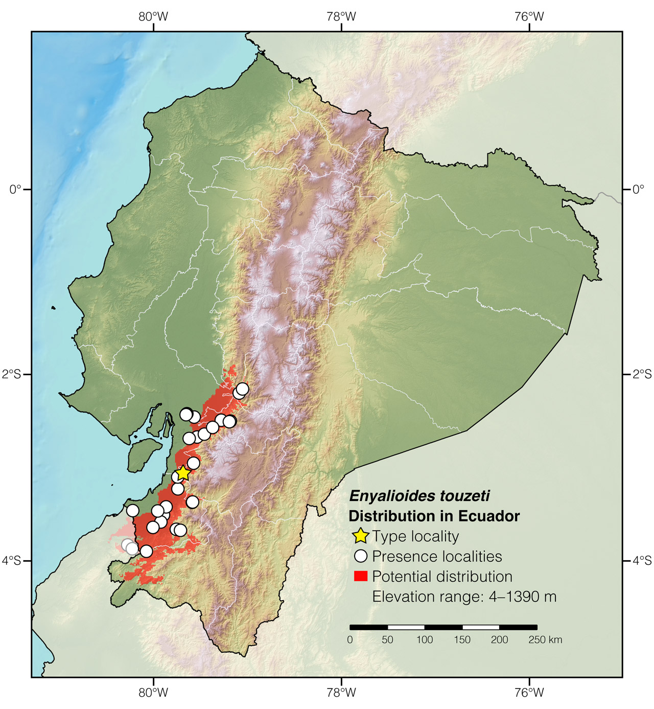 Distribution of Enyalioides touzeti in Ecuador